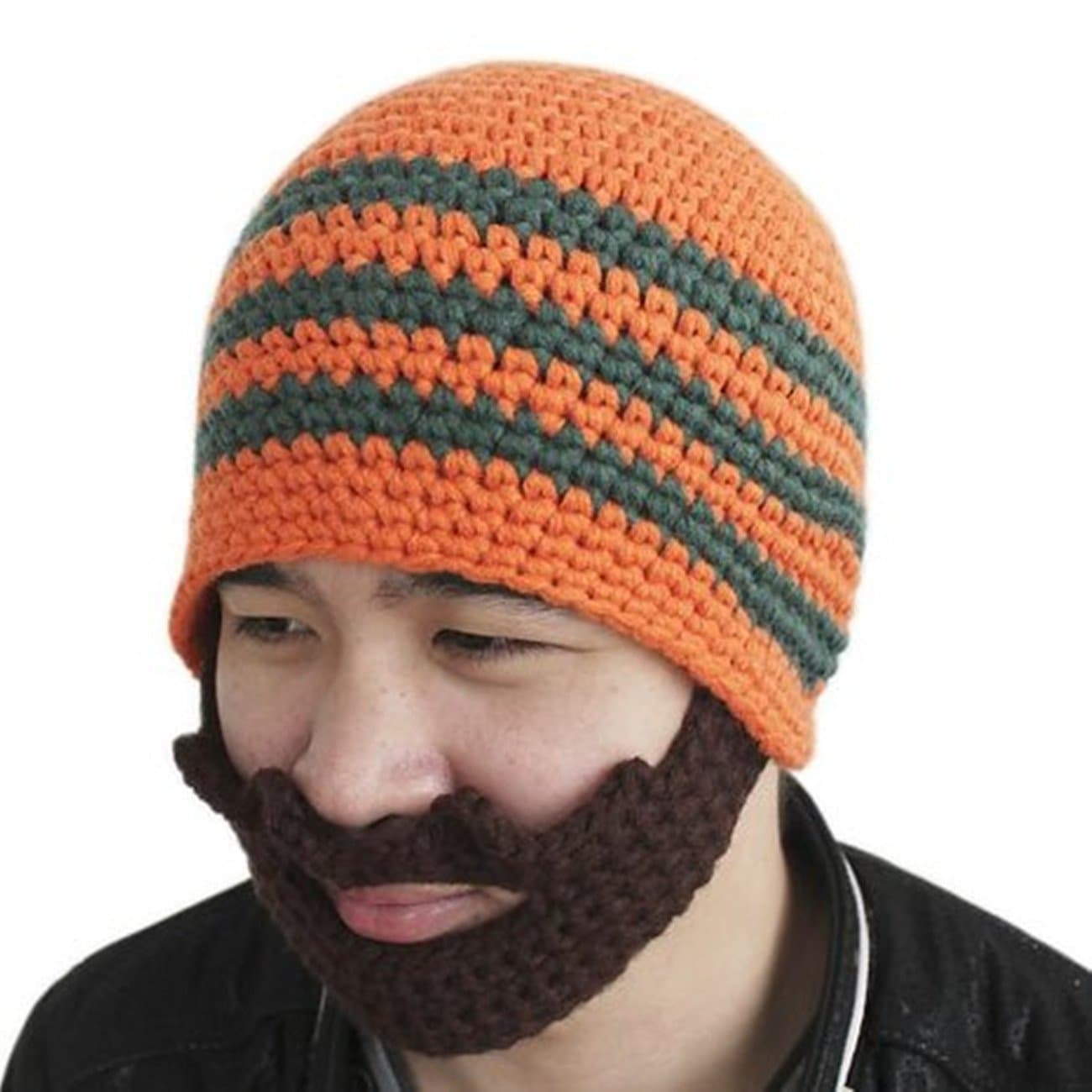 Men Beard Beanie Handmade Winter Hat Outdoor Face Warmer (Orange)
