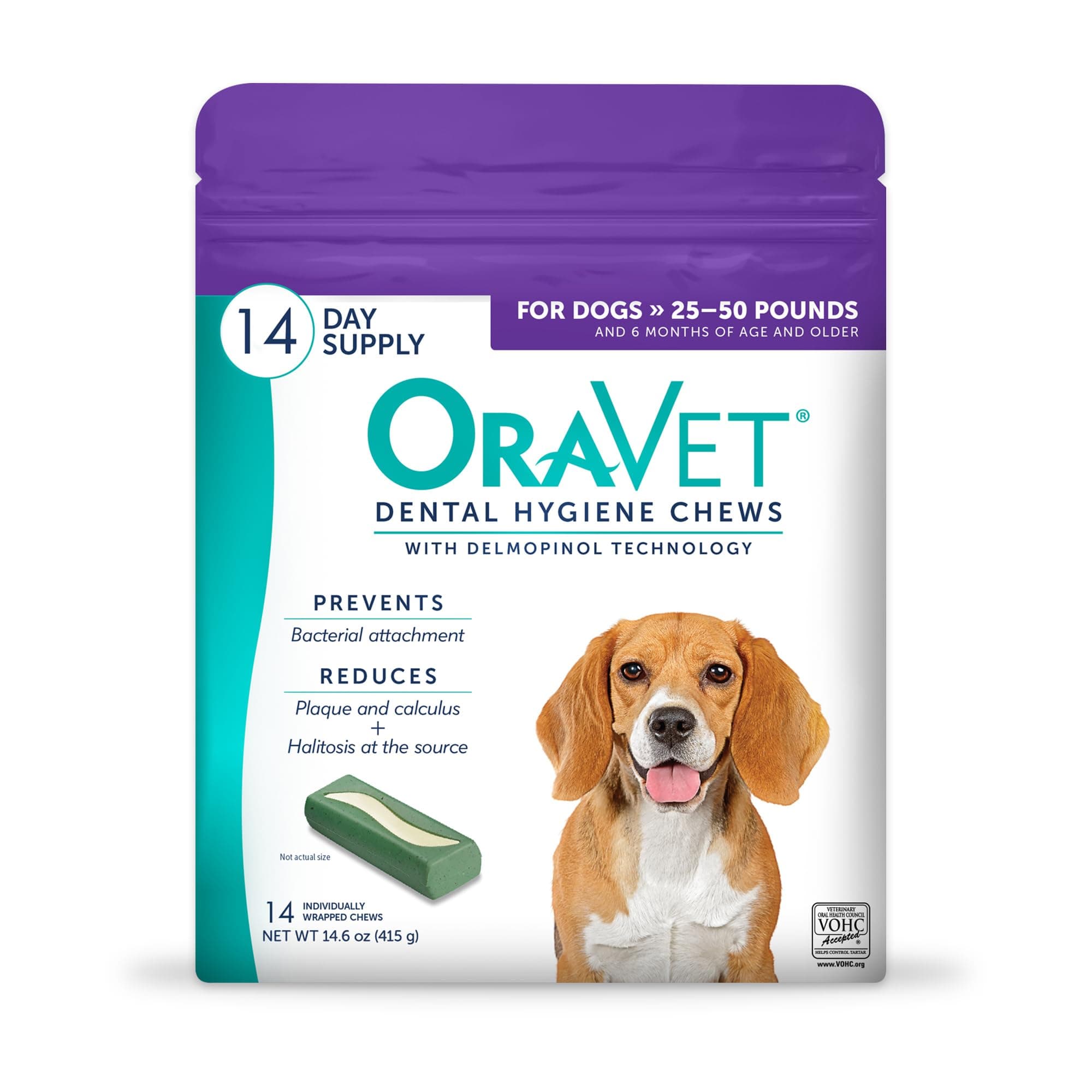 Dental Chews for Dogs, Oral Care and Hygiene Chews (Medium Dogs, 25-50 lbs.) Purple Pouch, 14 Count