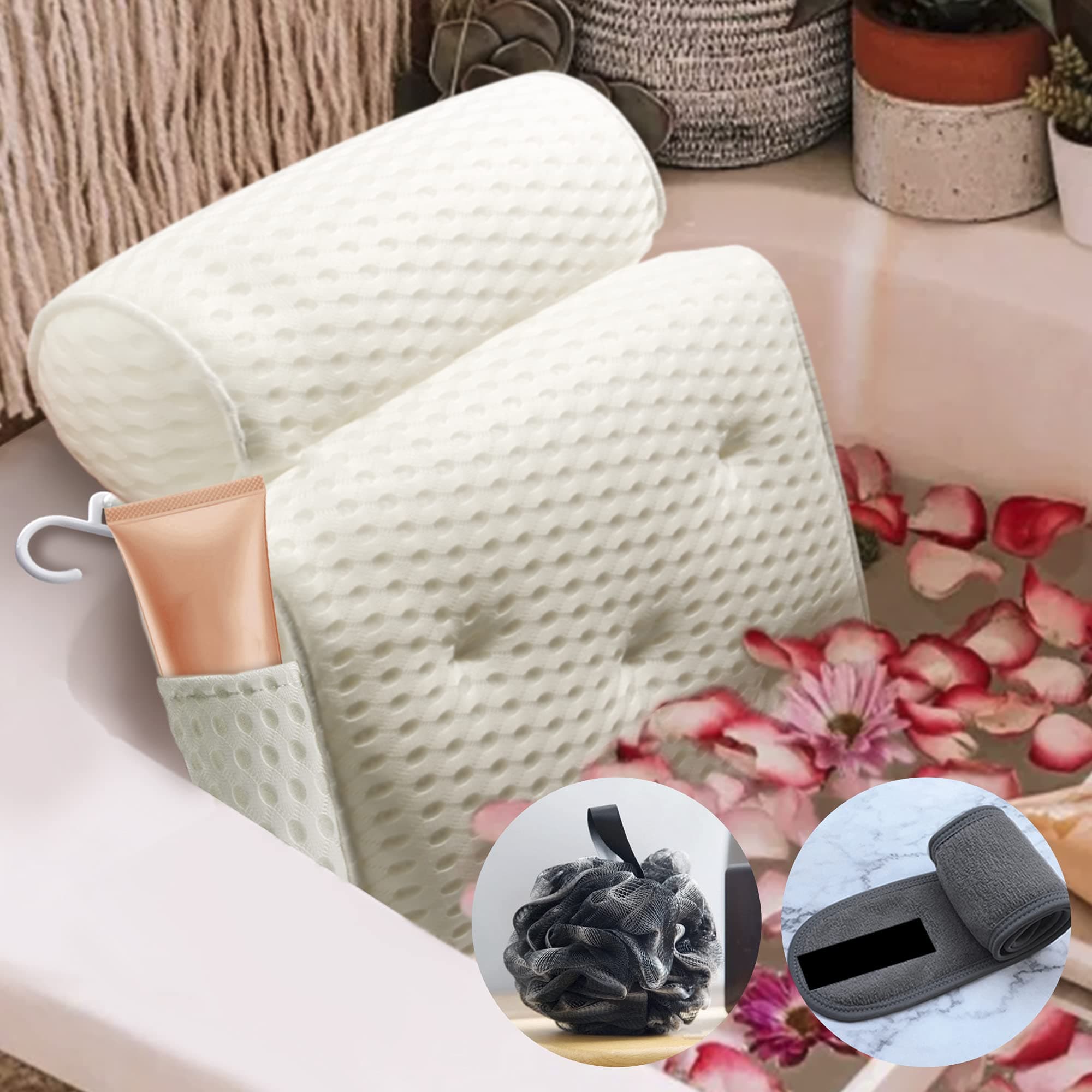 Bathtub Bath Pillows, Anti-slip Bathtub Spa Pillow with 4D Air Mesh Technology and 7 Non-Slip Suction Cups, Tub Pillow with Neck, fits All Bathtub, Hot Tub and Home Spa, White