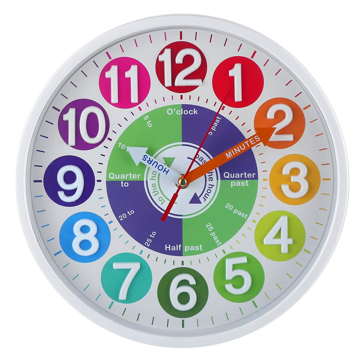 12" Wall Clock for Kids Learning to Tell Time with 3D Colorful Dial, Silent Battery Operated Movement, Great Wall Decor for Classroom, Homeschool, Playroom and Kids Bedroom