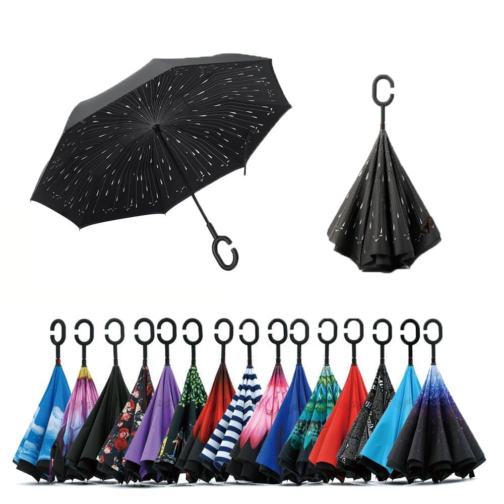 JooayouJooayou Double Layer Inverted Umbrella, C Shape Handle Reverse Folding Umbrella, Anti-UV Windproof Travel Umbrella with Carrying Bag