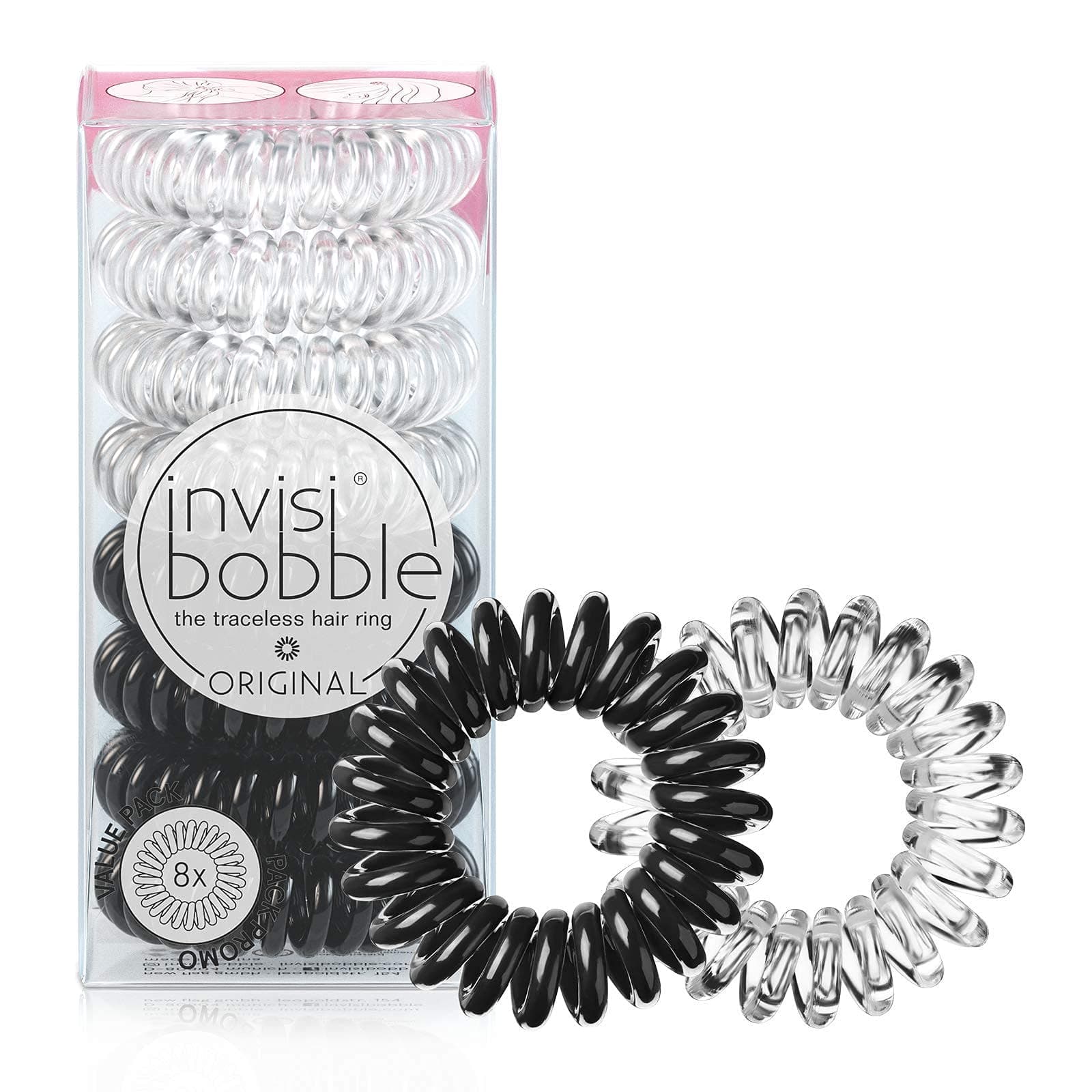 Original Traceless Spiral Hair Ties - Pack of 8, Crystal Clear and True Black- Strong Elastic Grip Coil Accessories for Women - Non Soaking - Gentle for Girls Teens and Thick Hair