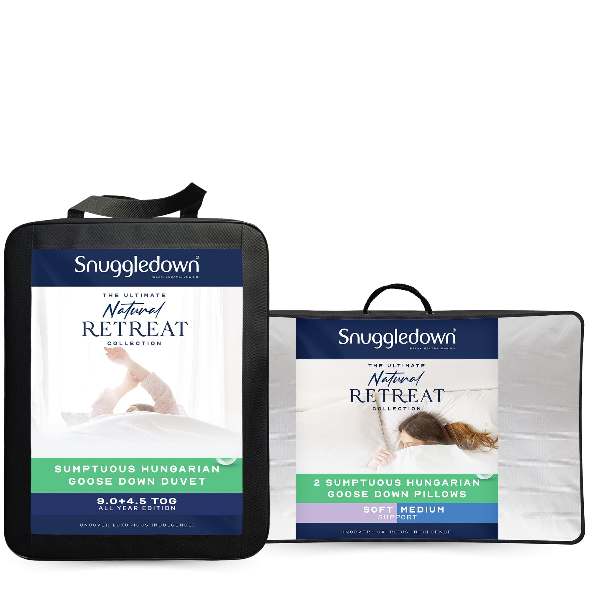 Snuggledown Hungarian Goose Down 13.5 Tog Double Duvet - 4.5 Tog Summer Plus 9 Tog All Seasons 3 in 1 Combination Quilt, 2 Pillows - Jacquard Cotton Cover, Machine Washable, Size (200cm x 200cm)