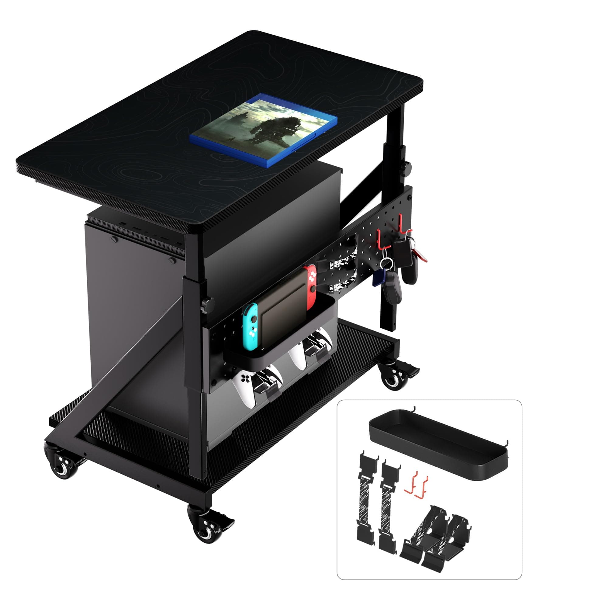 JWX Gaming Computer Tower Stand, 5-Step Height Adjustment Side Desk & Side Ta...