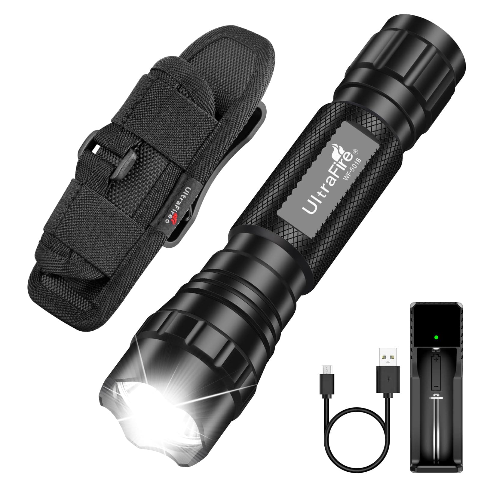 Tactical Flashlight with Holster, UltraFire Single Mode LED Flashlight 1000 High Lumen Duty Flashlights with Belt Holster and Charger, Bright Small Flash Light WF-501B