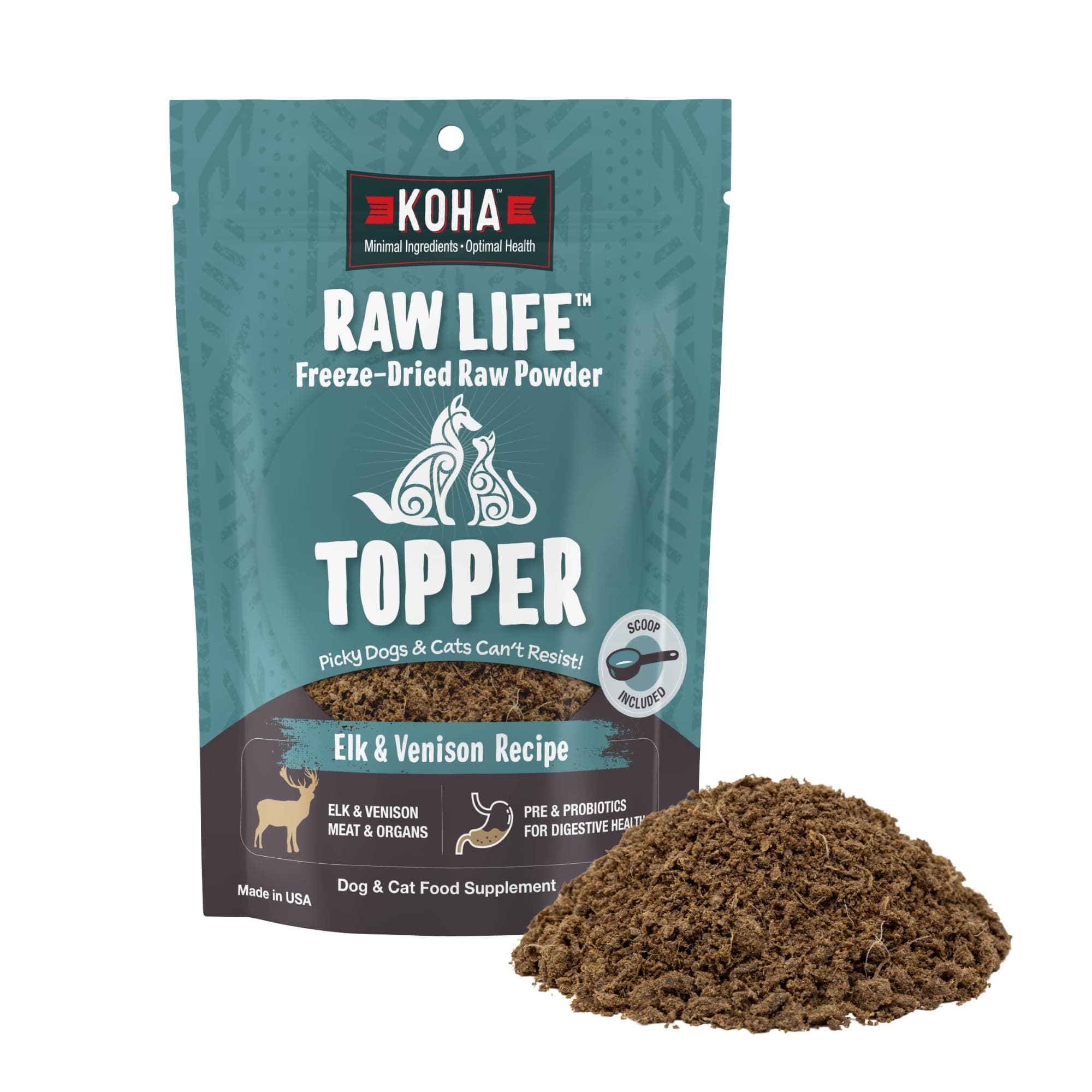 Raw Life Freeze-Dried Raw Topper Elk & Venison for Dogs and Cats, High Protein Meal Topper for Picky Eaters with Probiotics, 8oz Bag