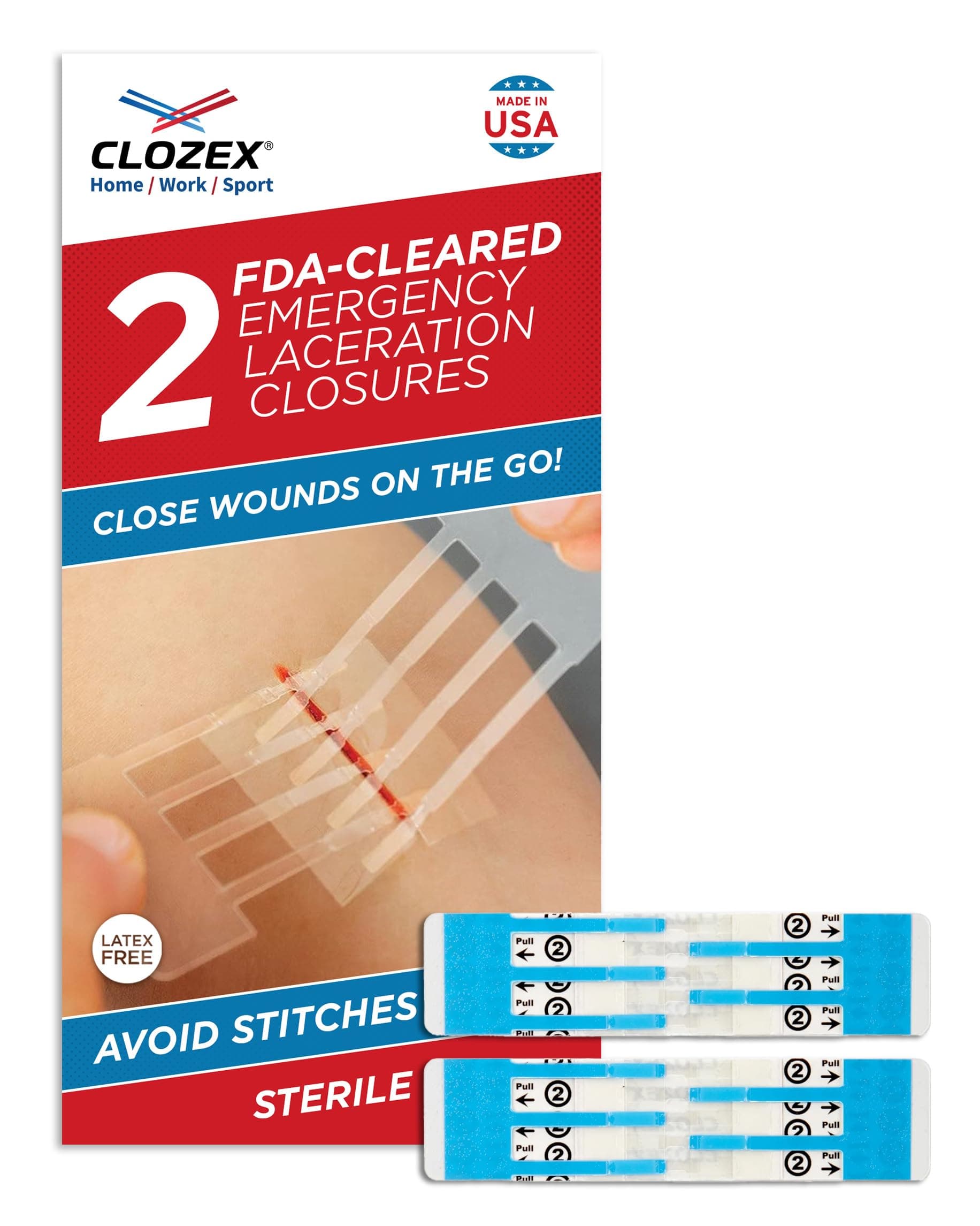 Clozex Emergency Laceration Closures - Repair Wounds Without Stitches. FDA Cleared Skin Closure Device for 2 Individual Wounds Or Combine for Total Length of 2 Inches. Life Happens, Be Ready!