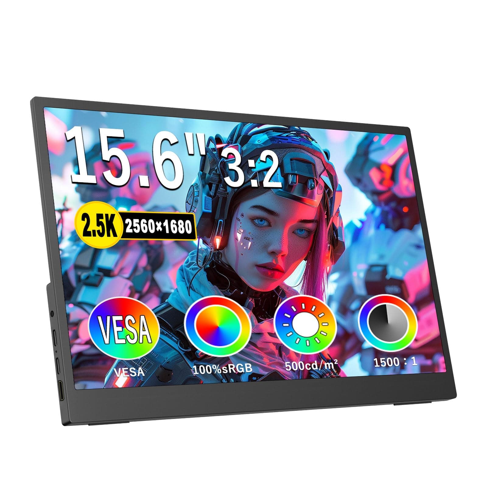 2K Portable Monitor 15.6 Inch 2560 x 1680 Ultra Slim HDR FreeSync Laptop Monitor with VESA Gaming Display 500cd, 100%sRGB Portable Display with 45° Adjustable Stand for Laptop PC Phone Mac