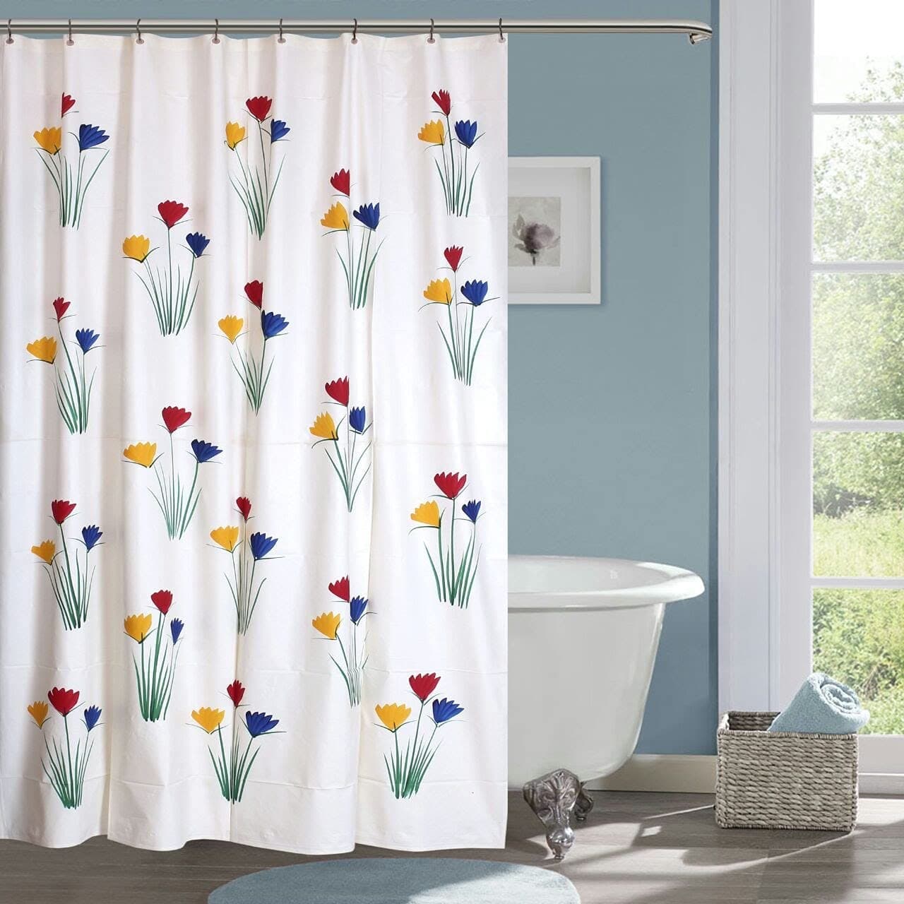 CASA-NEST Waterproof PVC Shower Curtain for Bathroom - Floral Wildflower Print (Red, Blue, & Yellow) - 7 Feet (54 x 84 Inch) with 8 Hooks, White Brush001