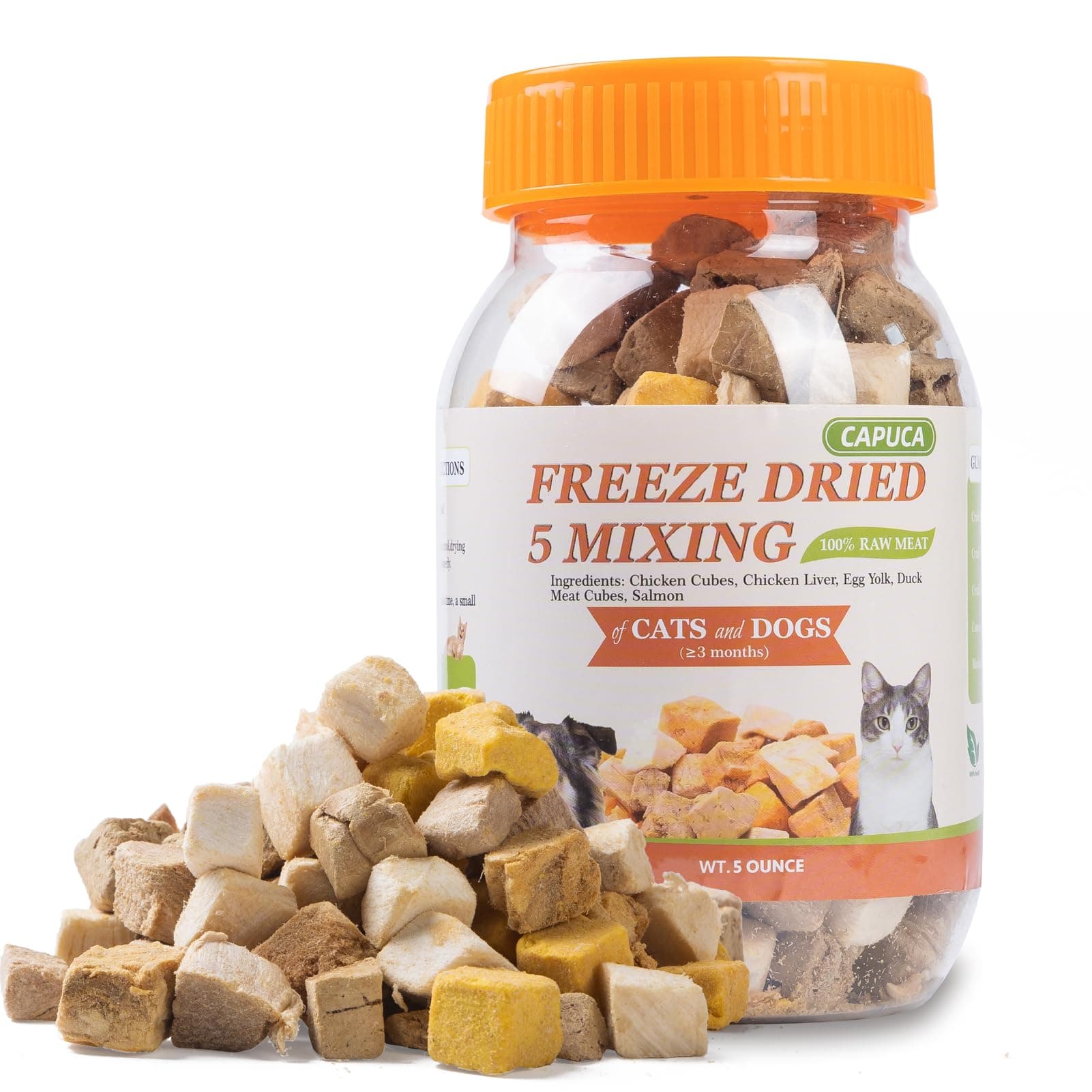 5-in-1 Freeze-Dried Cat & Dog Treats - Natural Chicken, Salmon, Egg Yolk, Duck & Liver, Grain-Free High Protein Snacks (5oz)