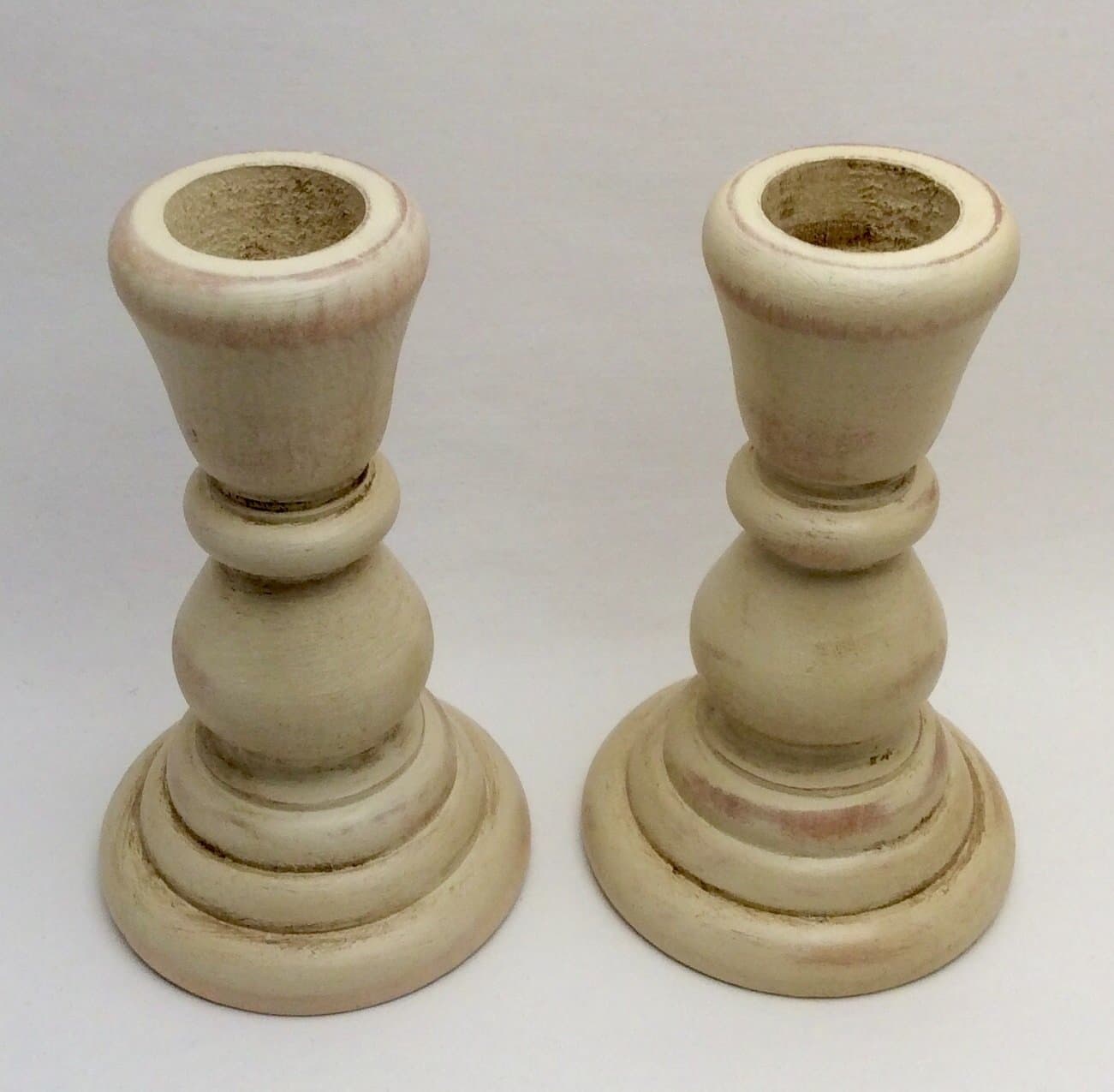 Hand-painted Distressed Wood Candlesticks Pair (Two) Four Inches High Rustic Shabby Chic