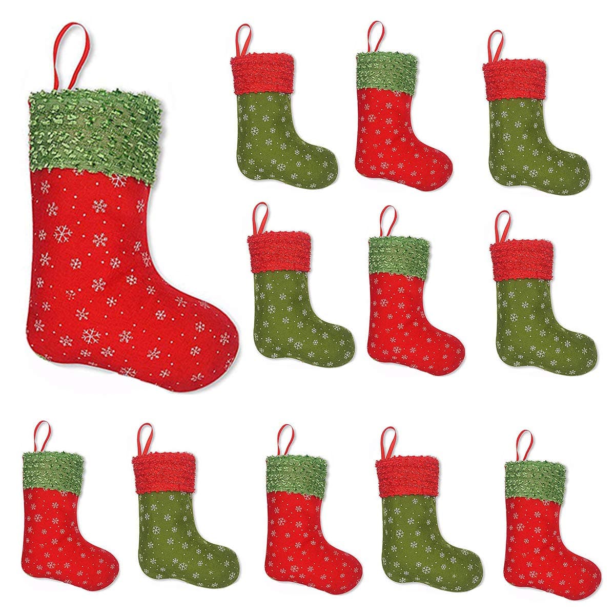 Vanteriam 12PC Mini Christmas Stockings with Snowflake, 9'' Party Decorations/Gift Bags, Red & Green