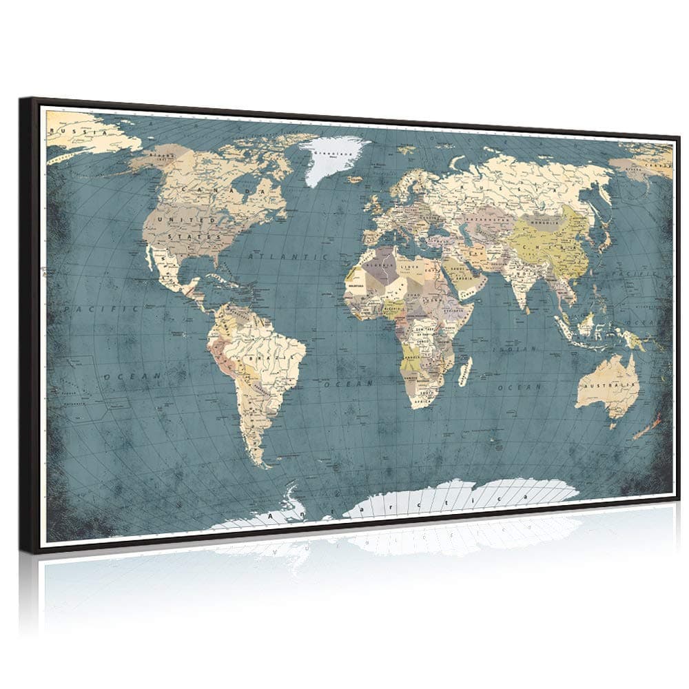 WelmecoLarge Office Wall Decoration Retro Detailed World Map Canvas Prints with Premium Black Frame Vintage Push Pins Travel Map of The World Picture Artwork for Modern Home Office Living Room Decor