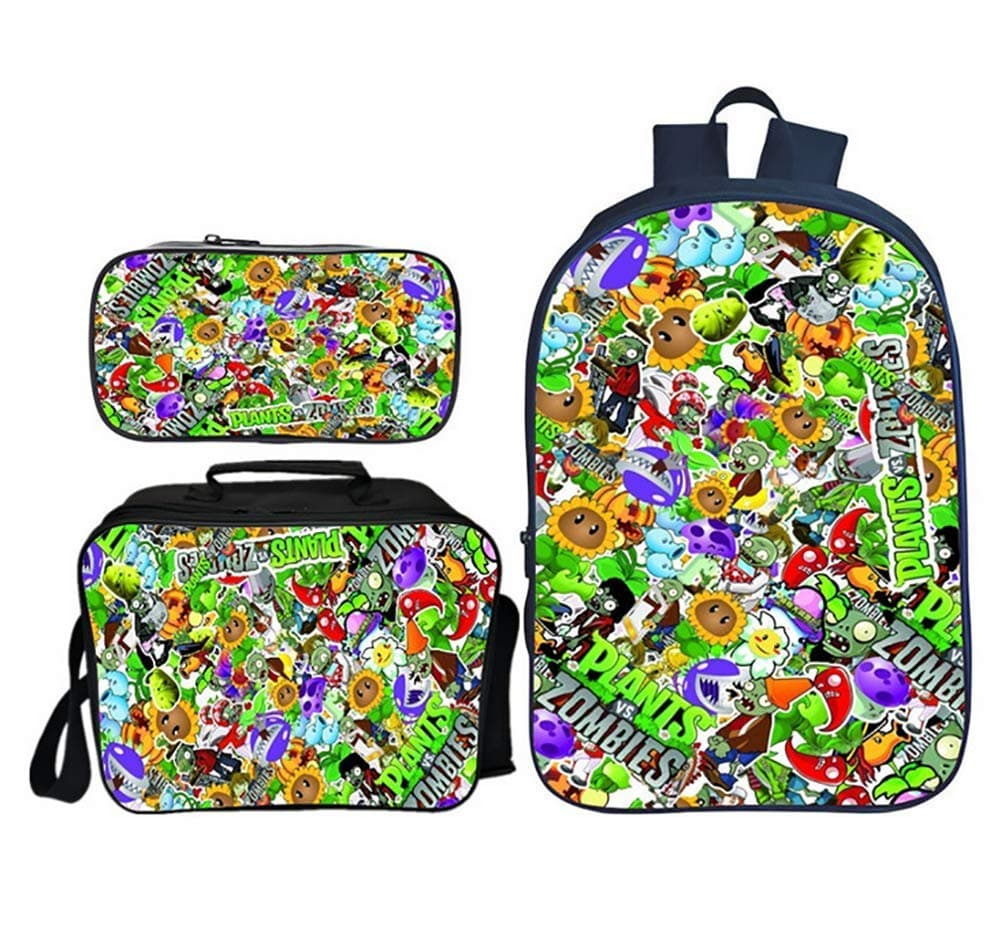 Multifunctional Backpack 3 Pcs Plants Vs. Zombies Printed Sports & Travel Backpack with - Durable Waterproof Outdoor School Bag And Lunchboxes Pencil Case