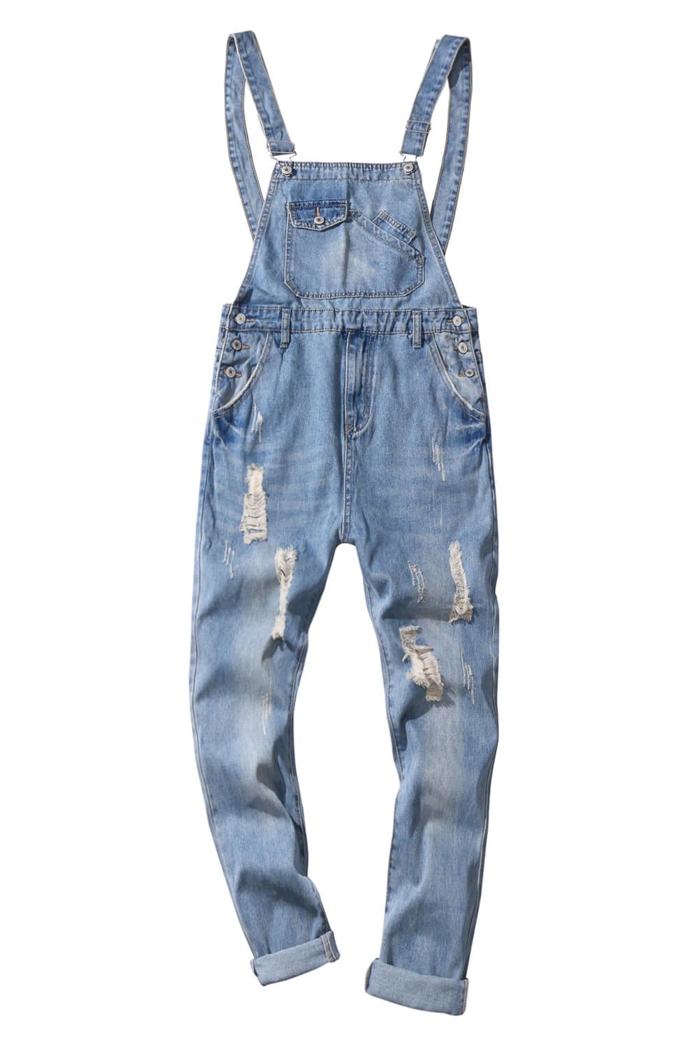 Sokotoo Men's Ankle Length Light Blue Ripped Denim Crop Bib Overalls