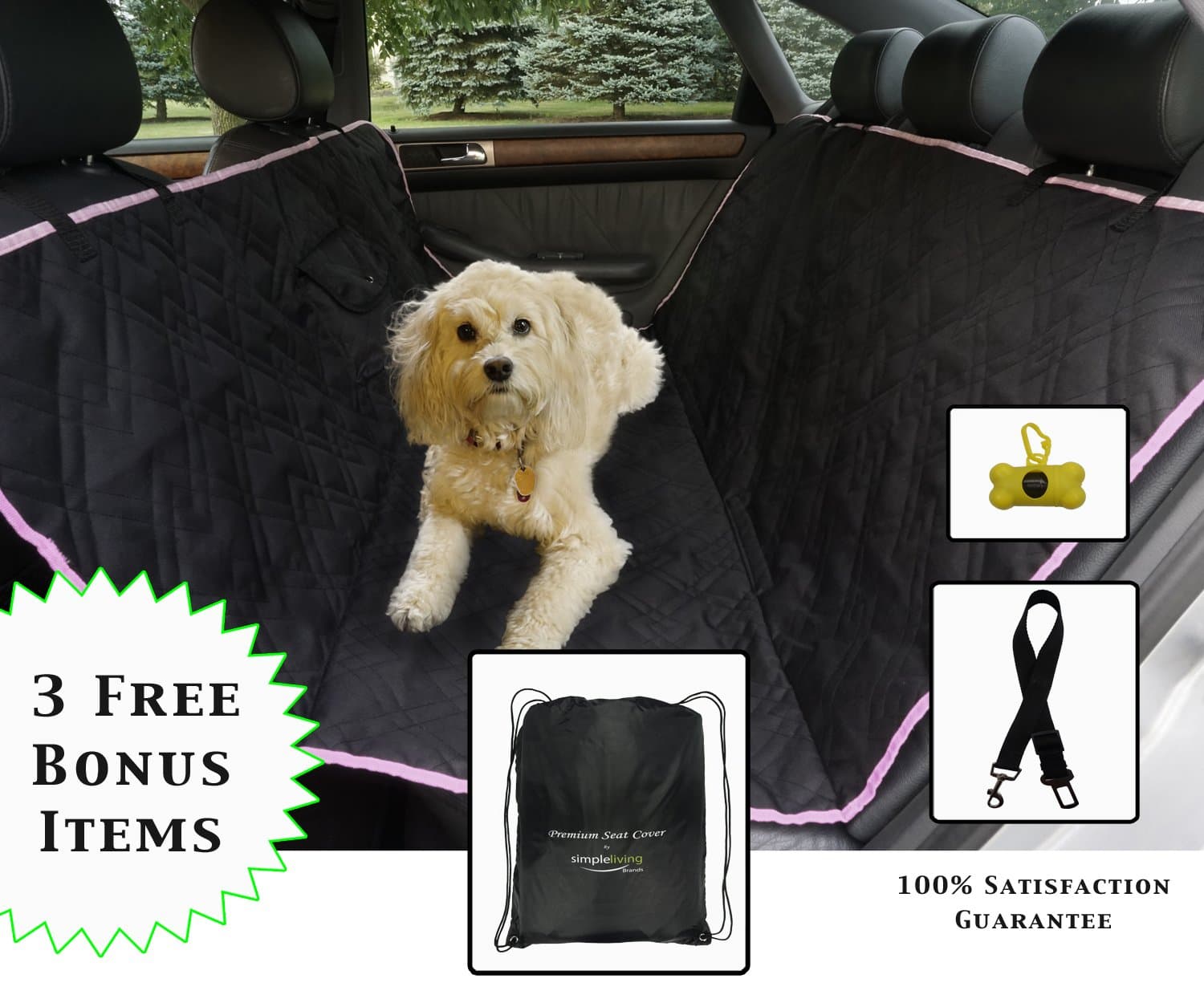 Dog Seat Cover with 3 FREE BONUS items. Padded for comfort and durability, Waterproof, Entire Seat Protection, Warranty, 3 trim colors Black, Grey, Pink.