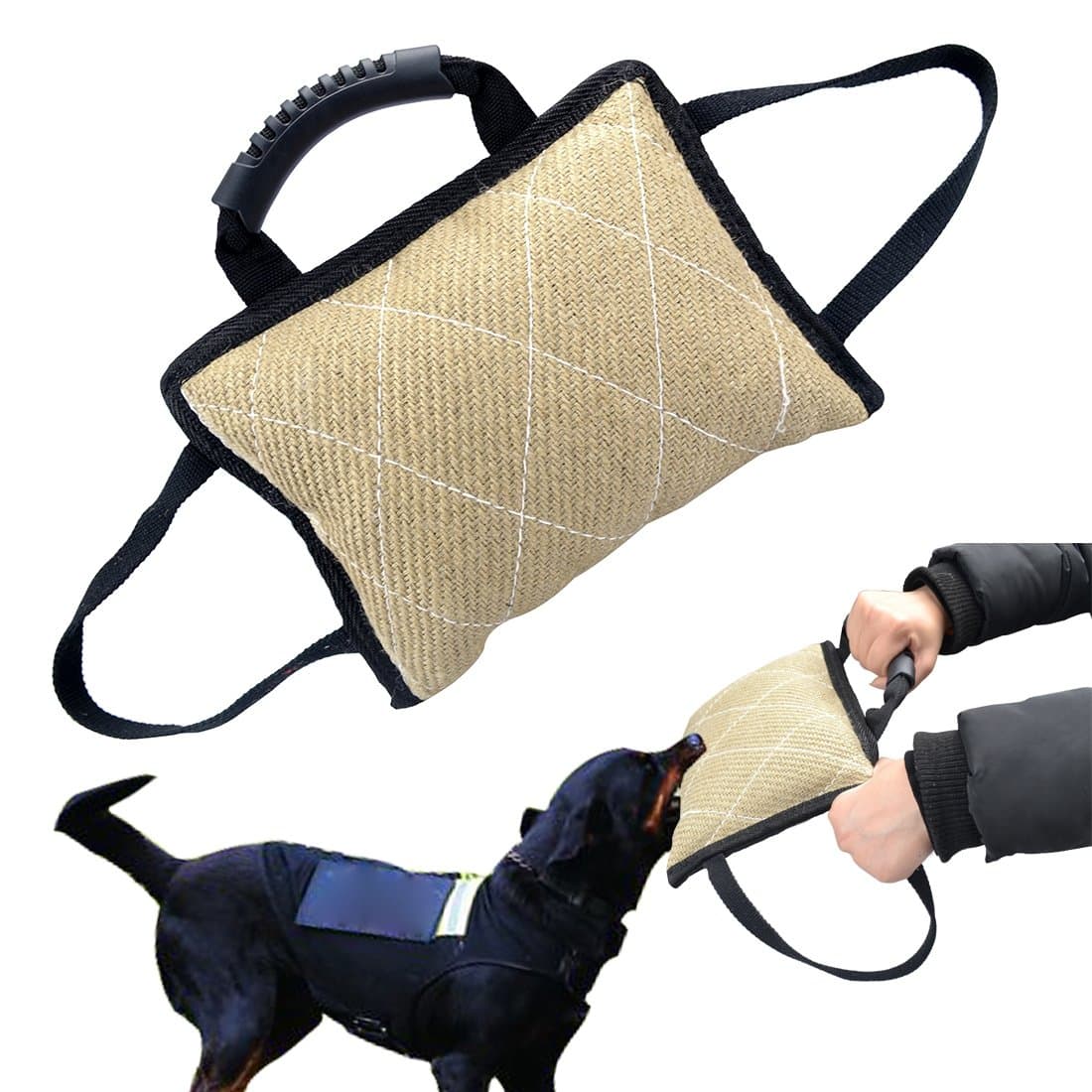 Dog Bite Pillow with 3 Handles Jute Linen Training Puppy Interactive Tug Play Toy Beige