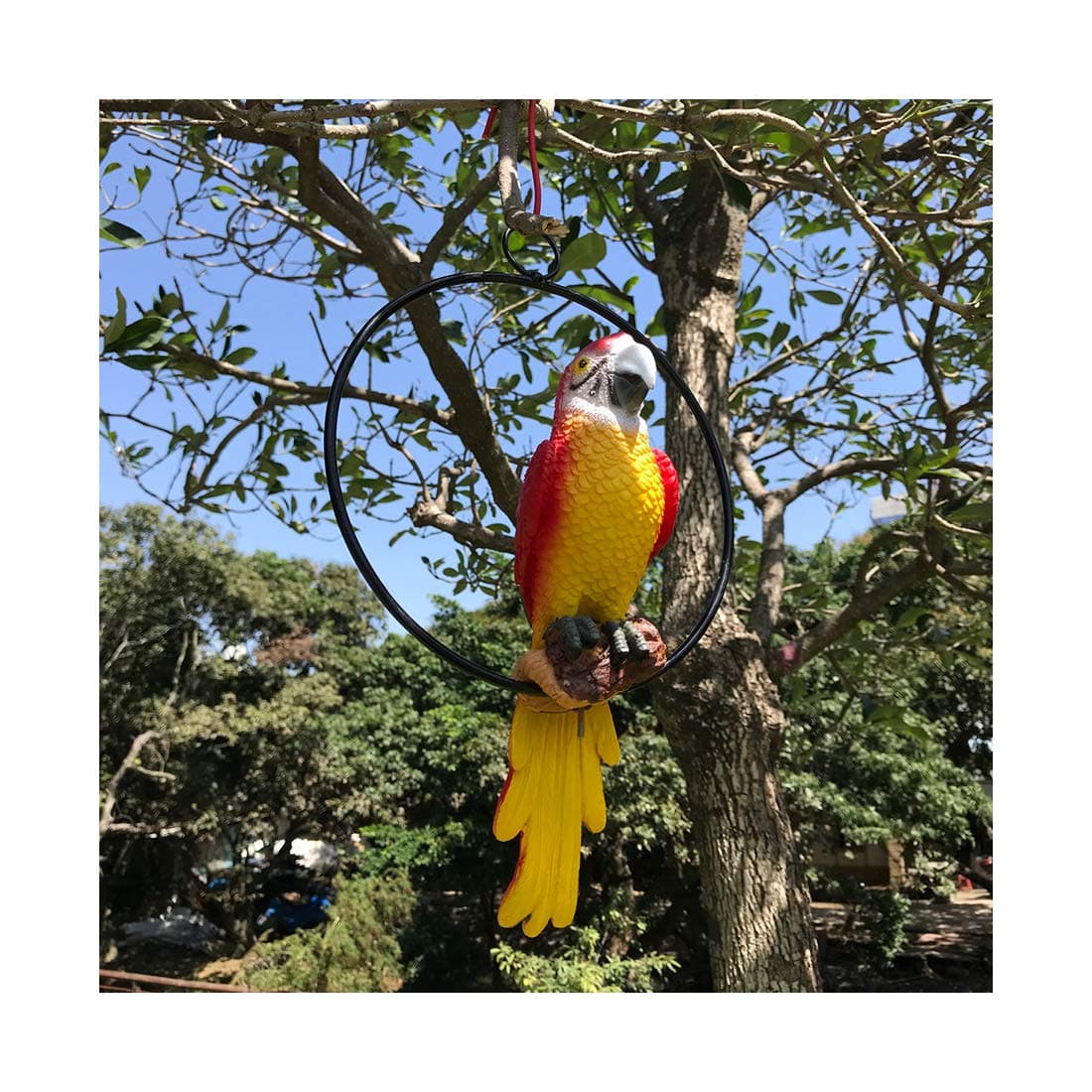 Hanging Parrot Statue Sculpture On Metal Round Ring Decor for Patio Garden Lawn and Nature Lovers Tropical Bird Collectors by Gifts, 10 inches Long Yellow