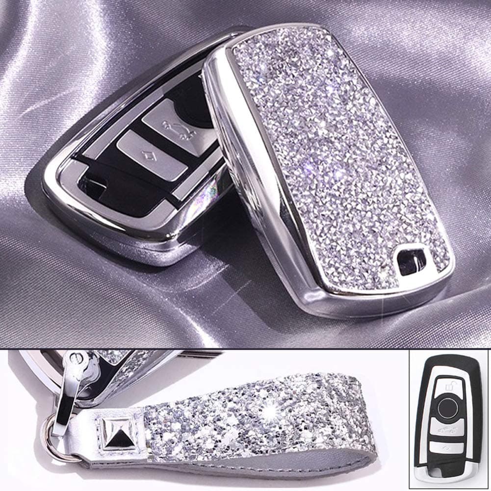 Royalfox(TM) Luxury 3 4 Buttons 3D Bling Smart keyless Entry Remote Key Fob case Cover for BMW 1 2 3 4 5 6 7 M Series,BMW X1 X3 X4 M2 M3 M4 M5 M6,with Keychain (Silver)