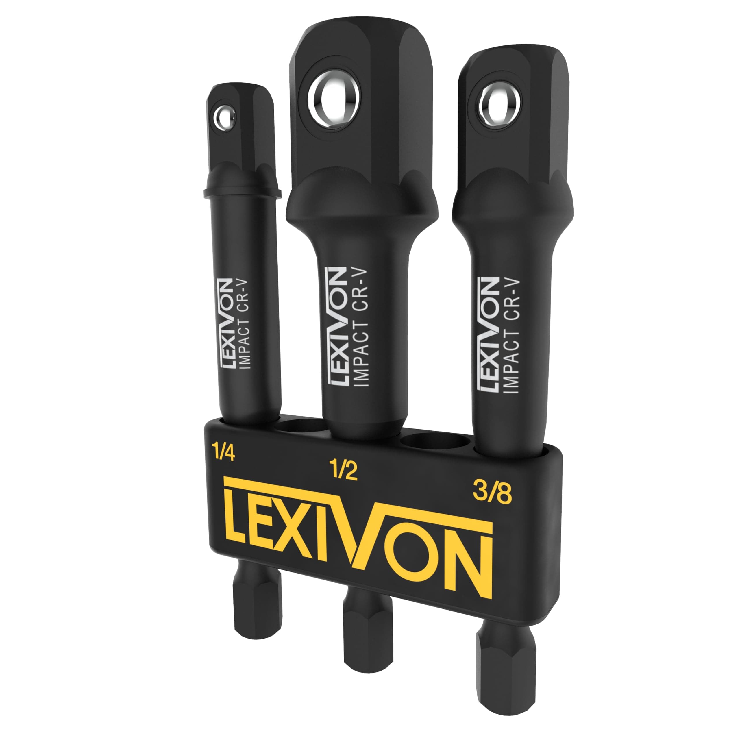 – LEXIVON Impact Grade Socket Adapter Set, 3" Extension Bit with Holder | 3-Piece 1/4", 3/8", and 1/2" Drive, Adapt Your Power Drill to High Torque Impact Wrench (LX-101)