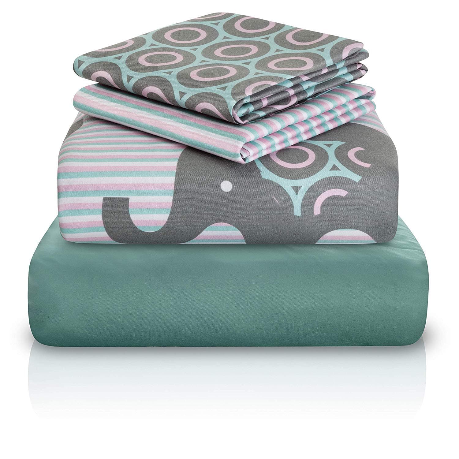 Unisex Twin Bed Sheets | 4 Pc Gender Neutral Kids Bedding Set | Baby Elephant Print | 1 Flat & 1 Fitted Sheet, 2 Pillow Cases | Durable Super-Soft, Double-Brushed Microfiber | 15” Deep