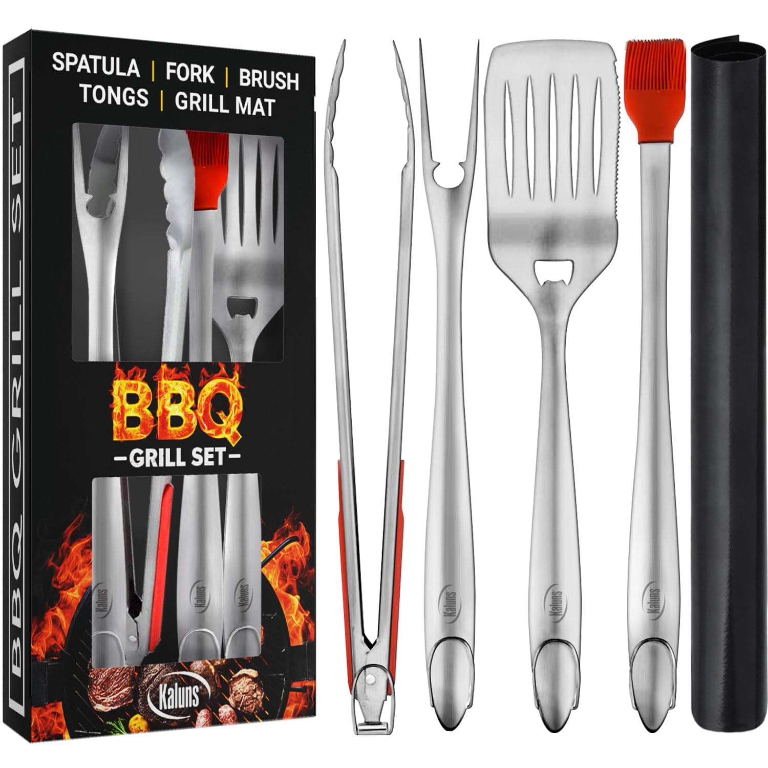 Kaluns BBQ Grilling Accessories, Grilling Gifts for Men Dad, Grill Tools for Outdoor Grill, Heavy Duty Stainless Steel Grill Set with Spatula, Tongs, Fork, Brush, & Grilling Mat, Best BBQ Gifts