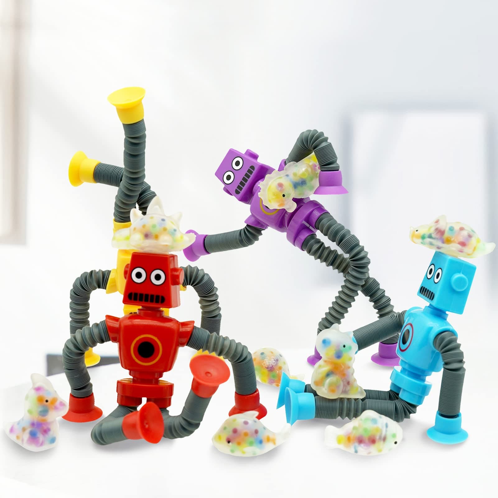4 Pieces Telescopic Suction Cup Robot Toy, 8Pcs Mochi Squishy Toys, Robotics Pop Tubes Dinosaur Sea Animals Squishies, Pop Tubes Sensory Toy for Kids Party Favors (12 Pack)