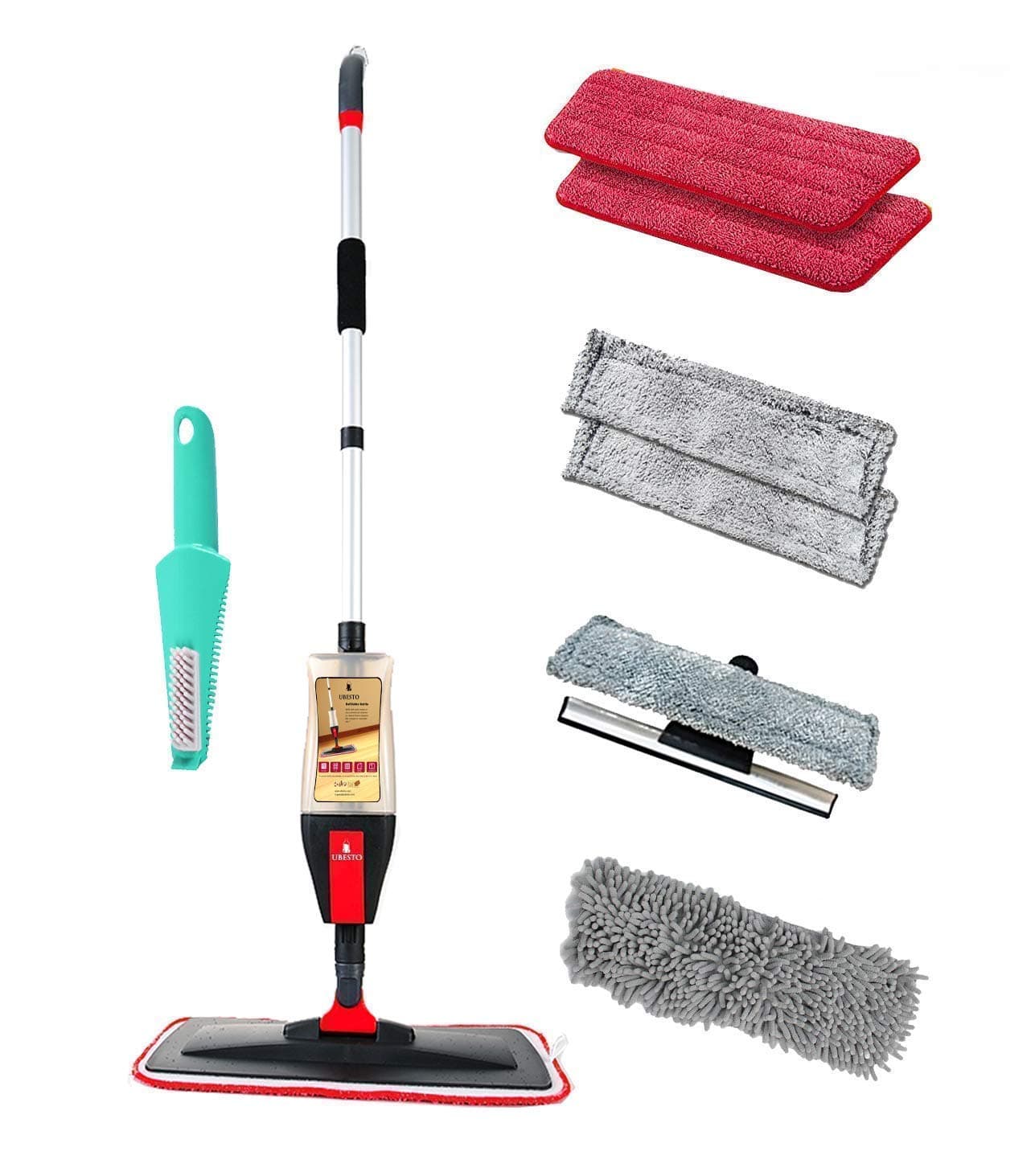 Floor Spray Mop Kit with 4 in-1 Function, Mop Set for Vinyl, Hardwood, Laminate, Marble, Tile Floors – 7 Accessories: 2 Microfiber Pads, 2 Window Cleaner Pads, 1 Glass Wiper, 1 Chenille Pad 1 Scraper
