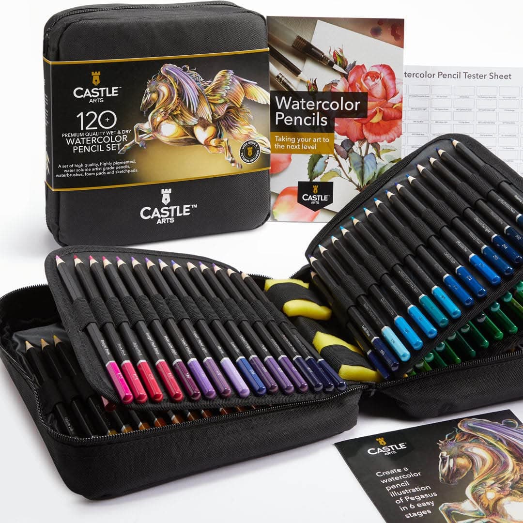 120 Watercolour Pencils Set with Extras | Quality Vibrant Pigments | Draw and Paint at the Same Time | for Adult Hobbyists, Professionals | in Carry-Anywhere Travel Case