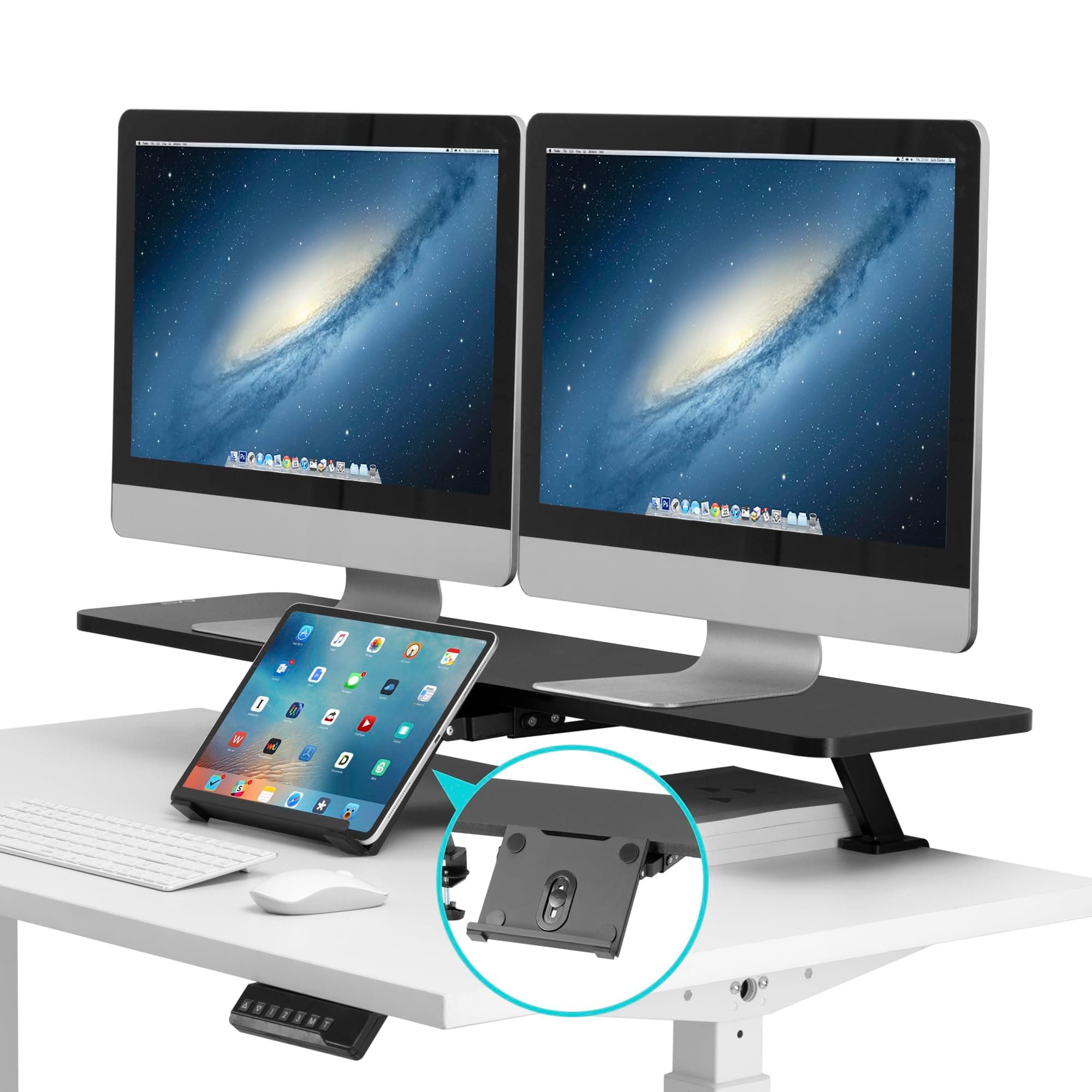 AVLT Clamp Desk Shelf Dual 32" Monitor Riser With Slide-out Holder for Convertible Laptop, Tablet, Smartphone (Black) - Floating Stand (Clamp-On Shelf Only)