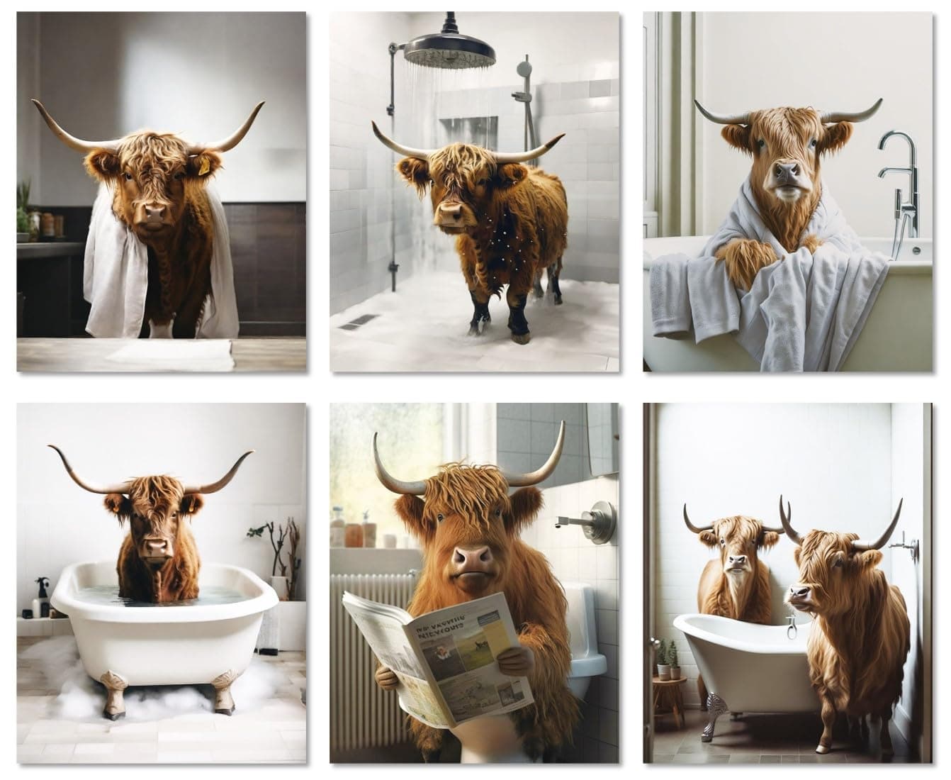 MINI ZOZICow Bathroom Decor 8x10 6PCS Canvas Pictures Wall Decor Funny Highland Cow Prints Art Rustic Farmhouse Modern Style Restroom Bath Painting Print Home Animal Western Country Decorations Big