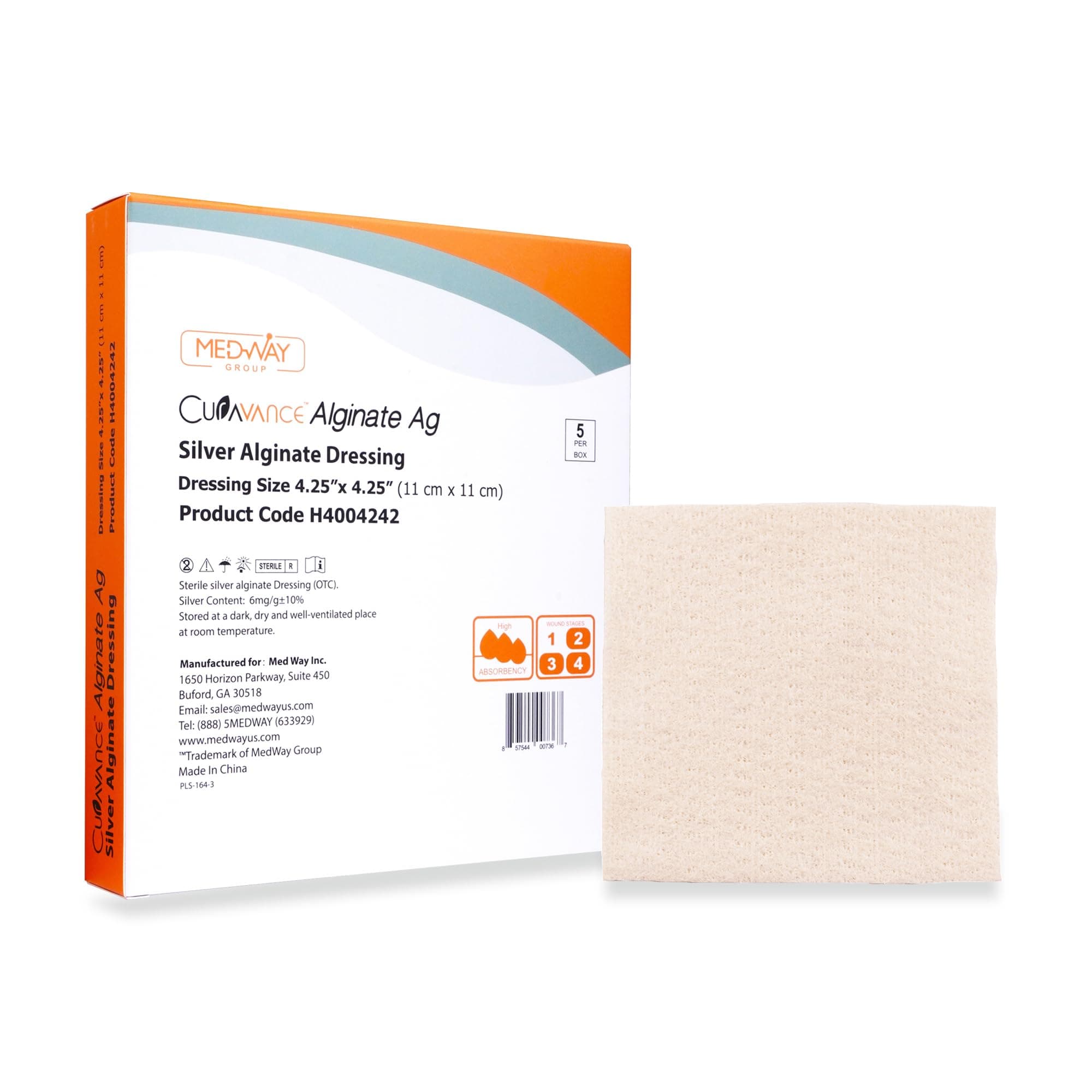 MedVanceMedHeal Silver Calcium Alginate Ag Sterile Highly Absorbent Dressing, (4.25" x 4.25") 5 dressings/Box, 5 Count (Pack of 1)