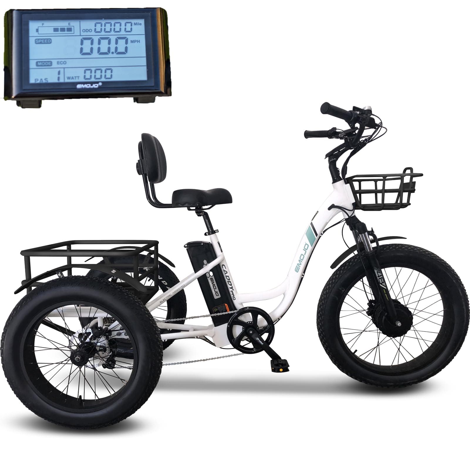 EMOJO Caddy Pro 500W 20 x 4.0 Inch Fat Tire Electric Tricycle for Adults Hydraulic Disk Brakes Ebike Trike 7 Speed Pedal Assist 3 Wheel Electric Bike with 48V 15.6Ah Battery LCD Display (White)