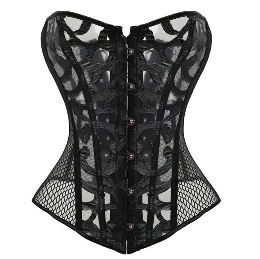 – Women Lace Up Floral Lace Red Burlesque Basque Bustier Shaper Overbust Boned Corset Top (Mesh Black