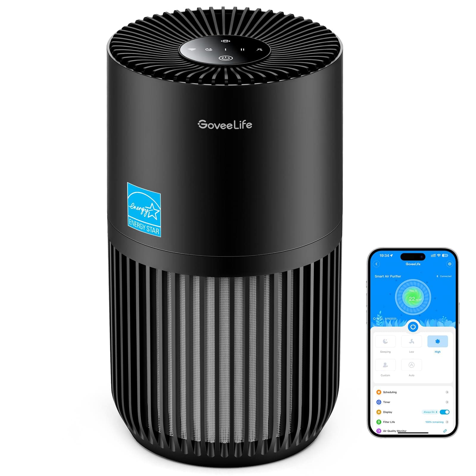 GoveeLife Mini Air Purifier for Bedroom, Smart Filter Air Purifier with App Alexa Control for Pet Hair, Odors, Pollen, Smoke, Portable Air Cleaner with 3 Speeds, 2 Modes, Timer, Aroma for Home