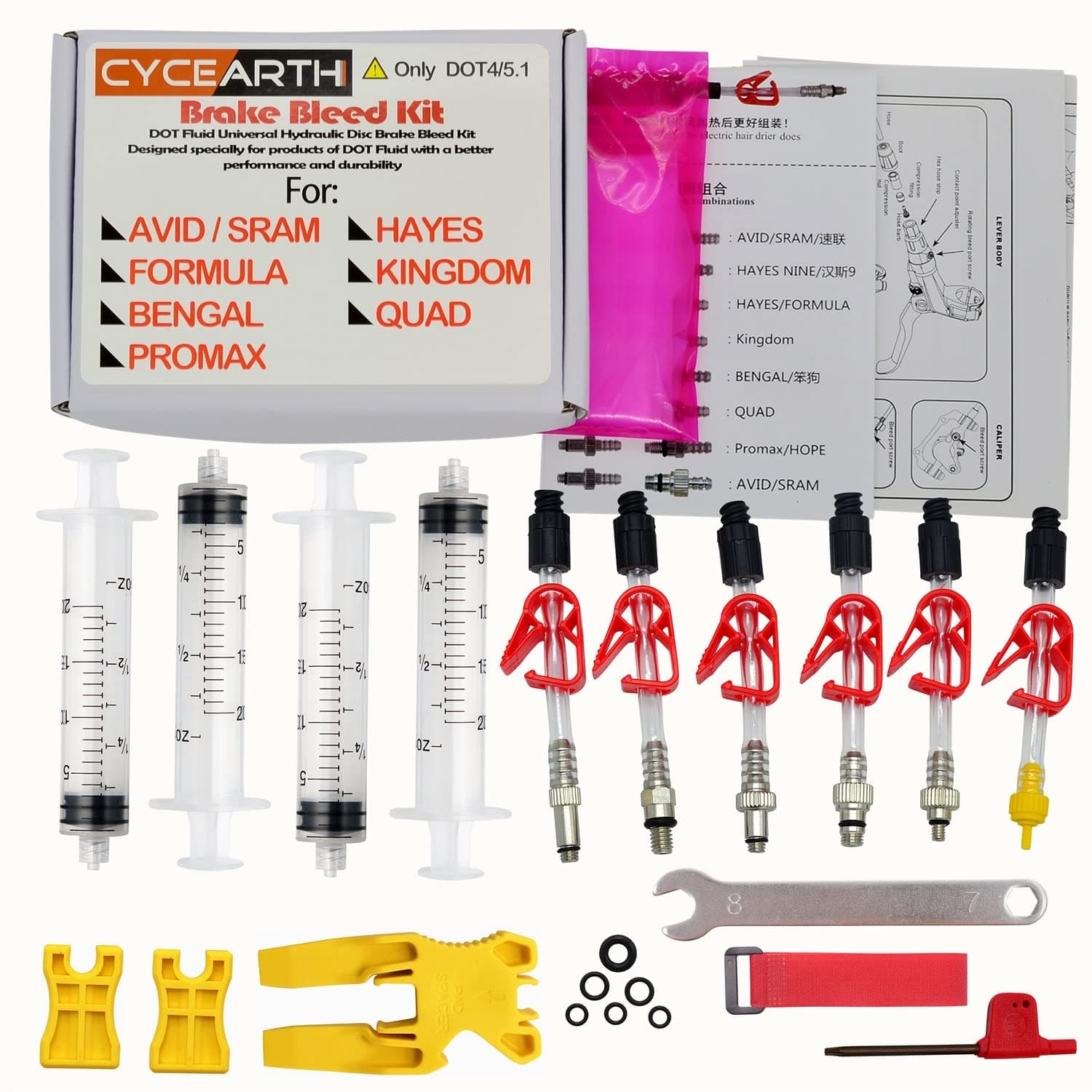 CYCEARTH Bicycle Brake DOT Oil Bleed Kit for Avid Sram Code5 Code R Juicy Ultimate Elixir Formula Hayes Bngal Hope Quad Hydraulic Disc Tools