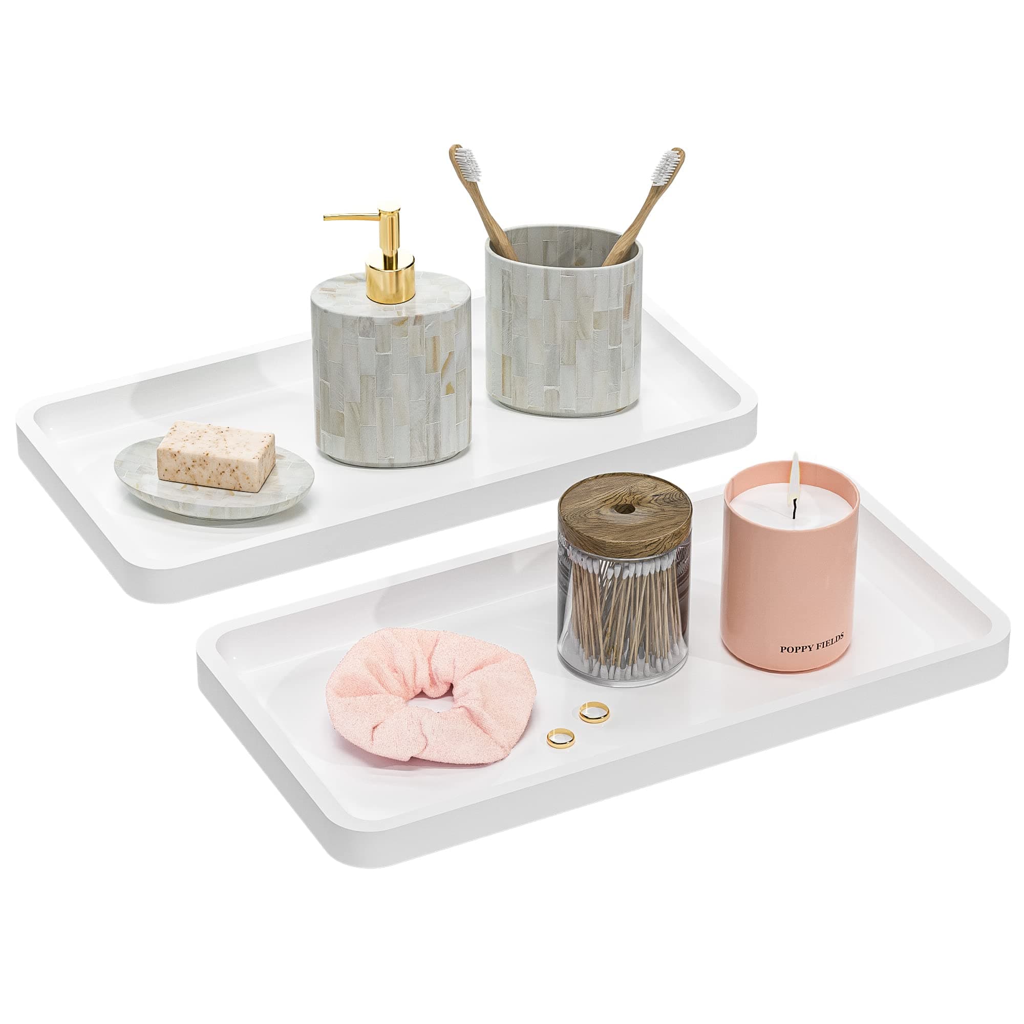 Vanity Trays for Bathroom Organizer Counter Sink Trays - Bamboo Wood Decorative Tray for Dresser Tops for Home Decoration White