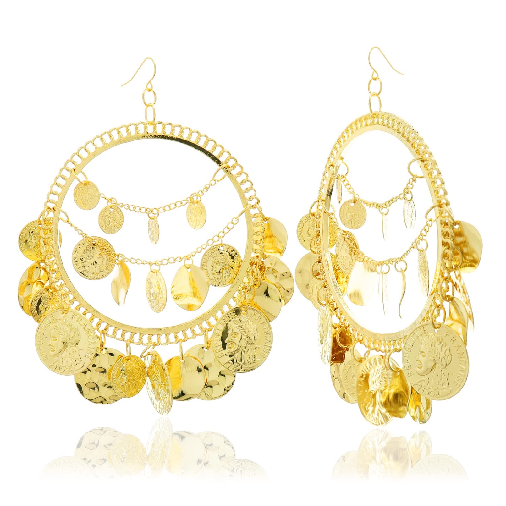 1Pair Vintage Tribal Rare Coins Big Hoop Banjara Kuchi Belly Dance Chain Boho Gypsy Dangle Earrings,3.9",30g/pc