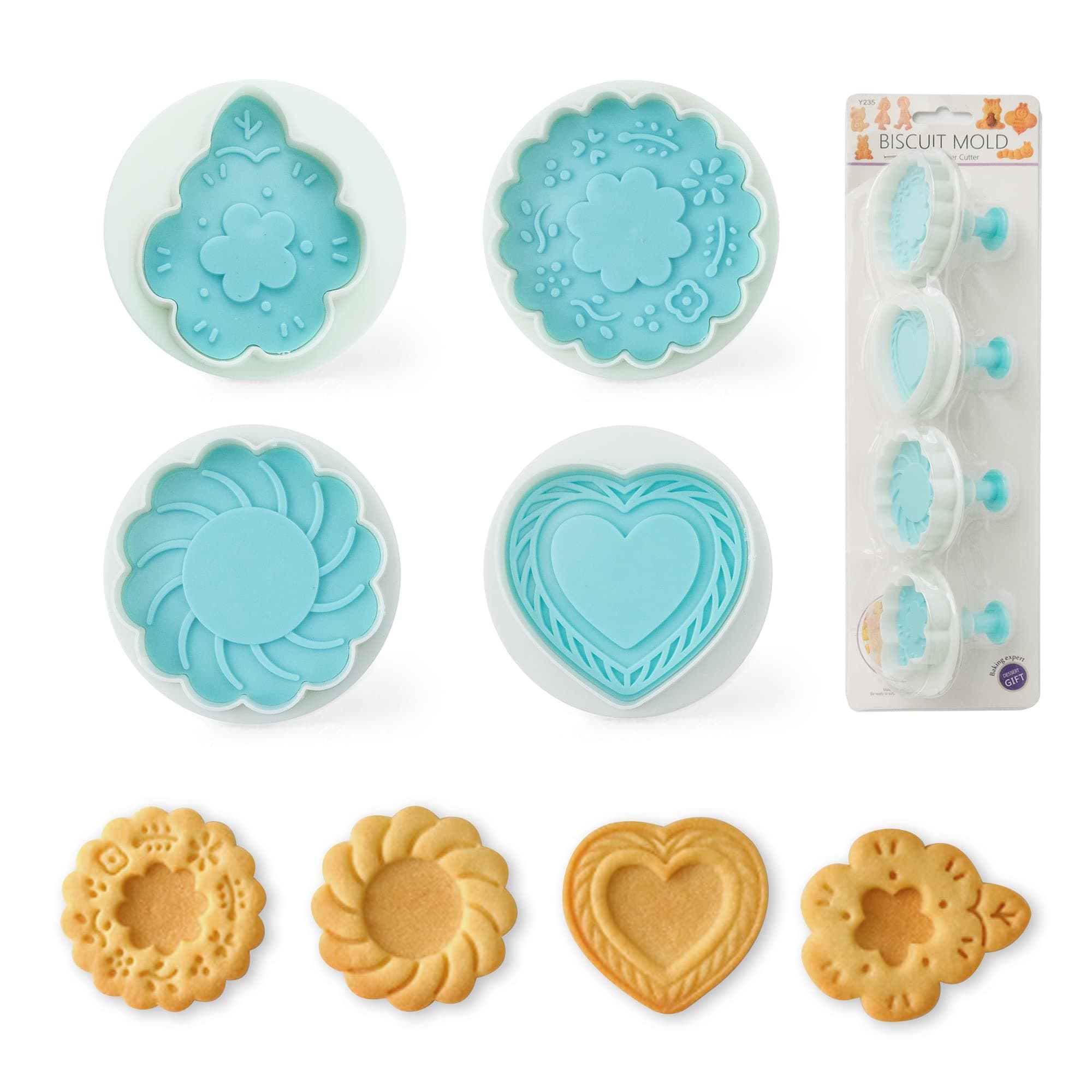 PTSGCAI Cookie Stamps for Baking, 4-Pcs Set with Wooden Handle, 3D Cookie Press Molds for Christmas, Holiday & Party, Perfect for Shortbread, Fondant & Cake Decoration - Flower & Leaf Patterns