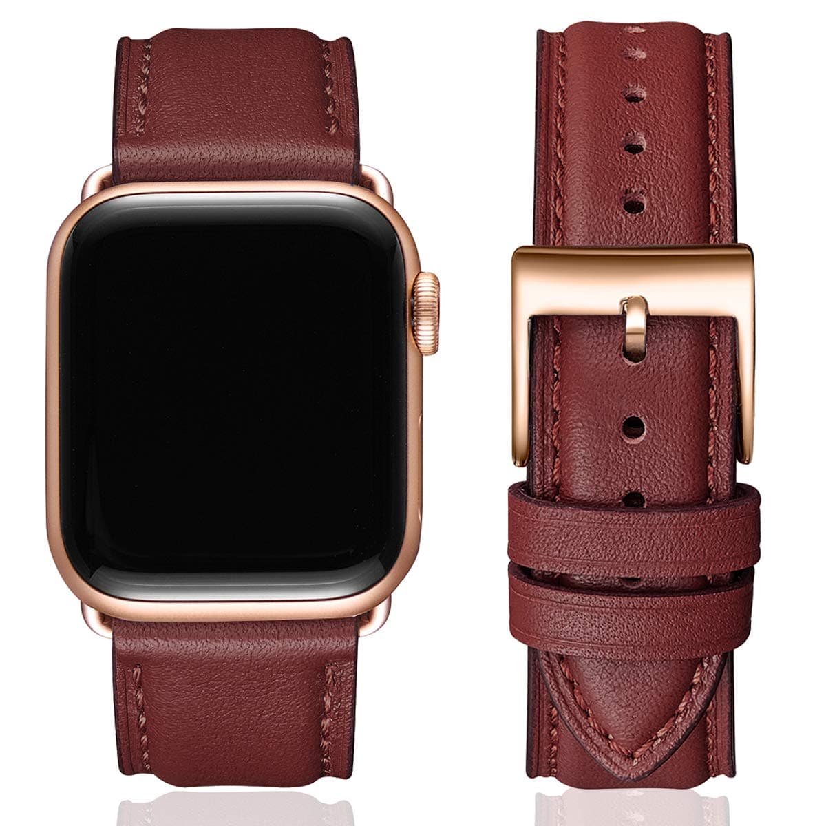SUNFWR Leather Bands for Apple Watch Strap 41mm 40mm 38mm,Men Women Replacement Genuine Leather Strap for iWatch SE Series 7 6 5 4 3 2 1 Sport,Edition(38mm 40mm 41mm, Wine red&Rosegold)