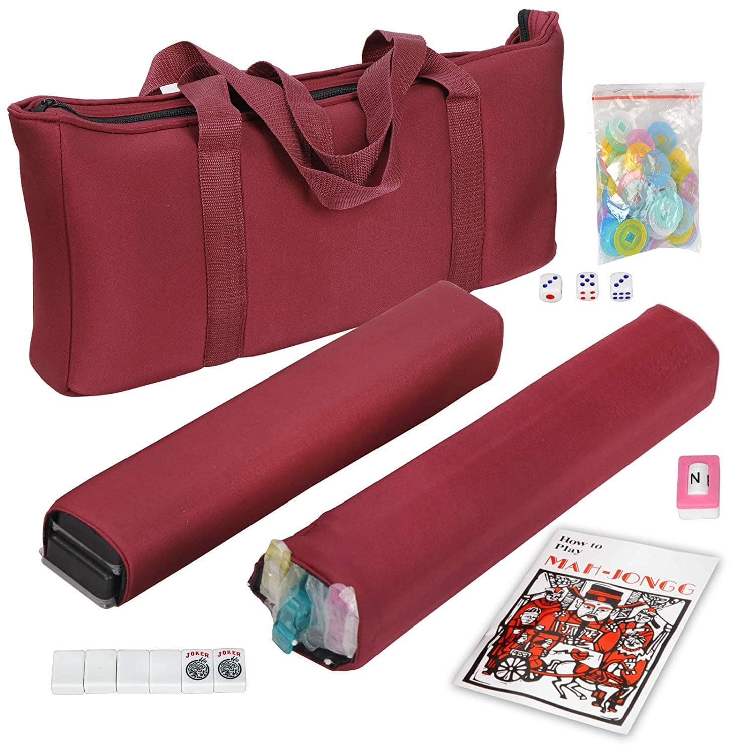 American Mahjong Set 166 Tiles, 4 Colors All-in-One Rack/Pushers, Red Soft Bag and Accessories –Classic Full Size Complete Mahjong Set.