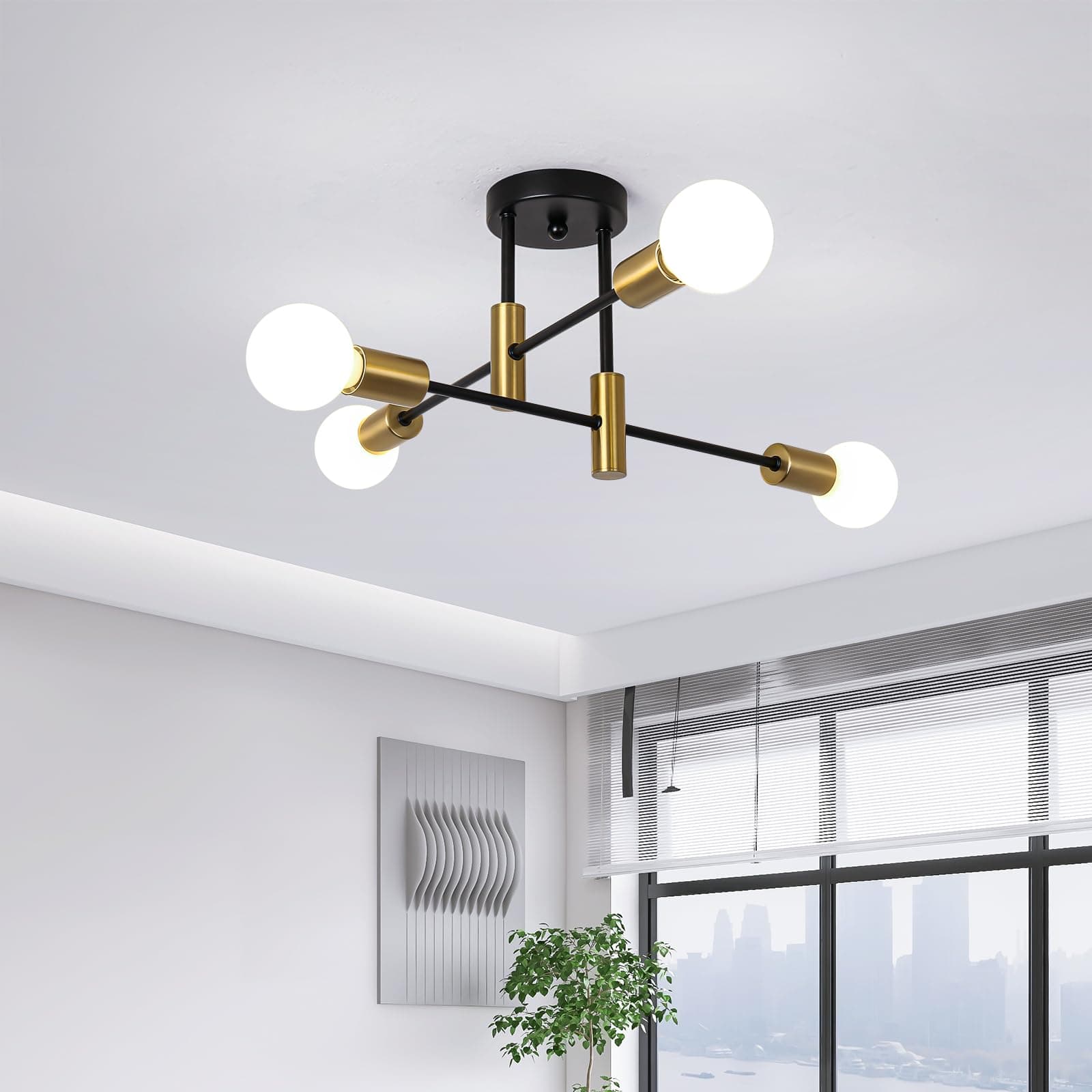 Jaycomey Modern Chandelier Mid Century Industrial Black+Gold Light Semi Flush Mount Ceiling Light Fixture For Bedroom Dining Room living Room 4-Light (E27 Bulb Not Included)