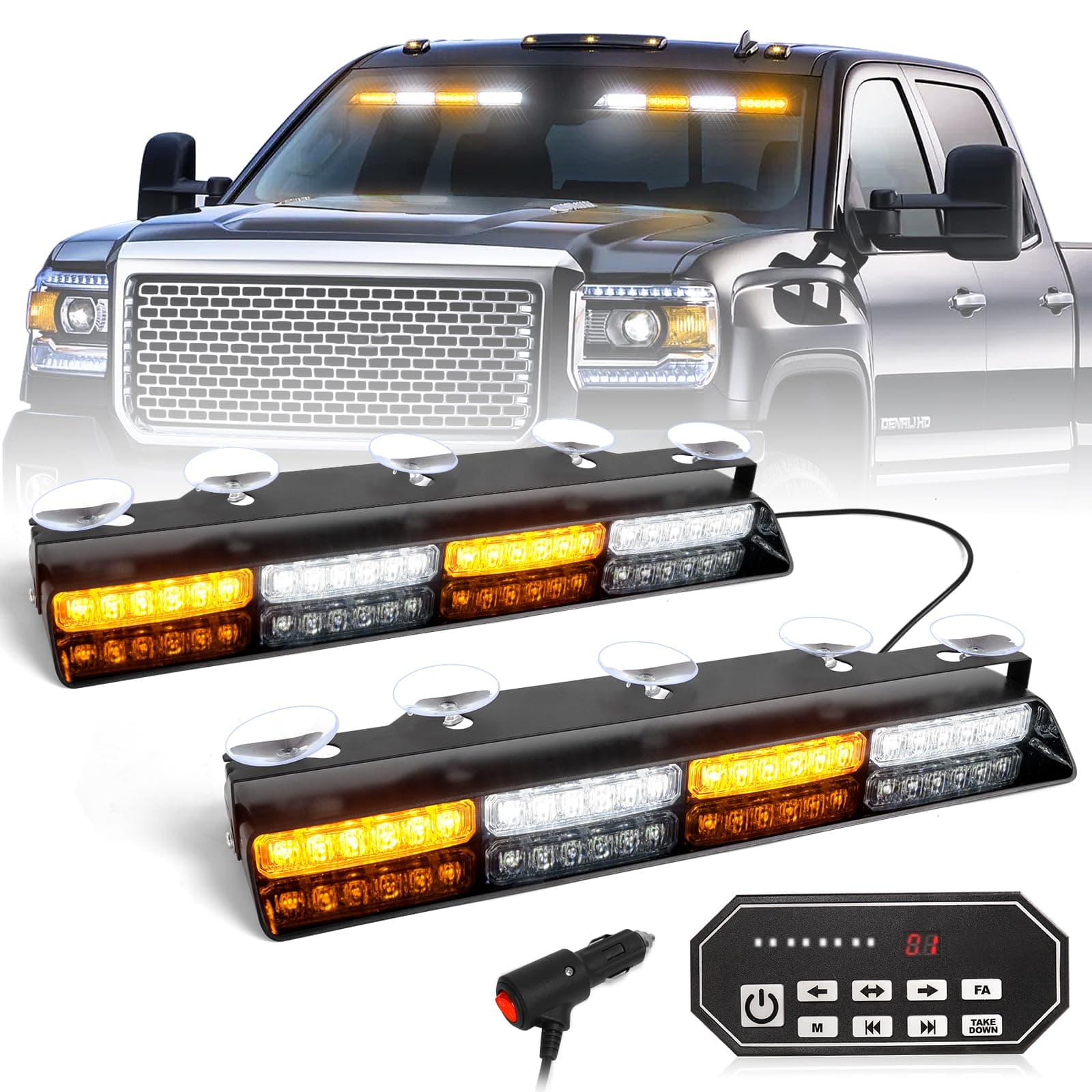 HLauto 604N Emergency Dash Strobe Lights: 2x16.8 inch Amber White Security Light w/Take Down, 48 LED Safety Flashing Warning Hazard Interior Windshield Light Bar for Truck Vehicle