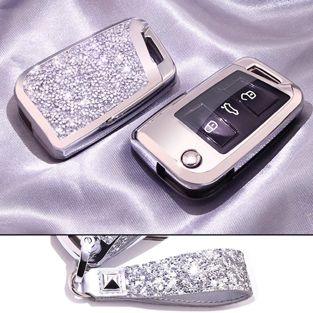 Royalfox(TM) 3 Buttons 3D Bling flip Folding Remote Key Fob case Cover for 2015 2016 2017 VW Volkswagen Golf MK7 GTI R R20 Jetta Tiguan Touran Lamando,for Skoda Octavia A7 Kodiaq Keychain (Silver)