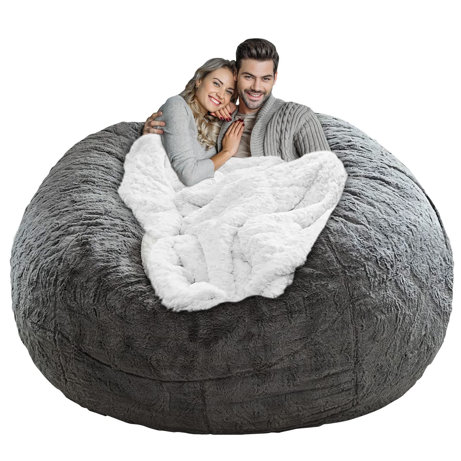 LapEasyGiant Bean Bag Chair Cover, Oversized Round Soft Fluffy PV Velvet Washable Lazy Sofa Bed Cover for Adults, Dark Grey