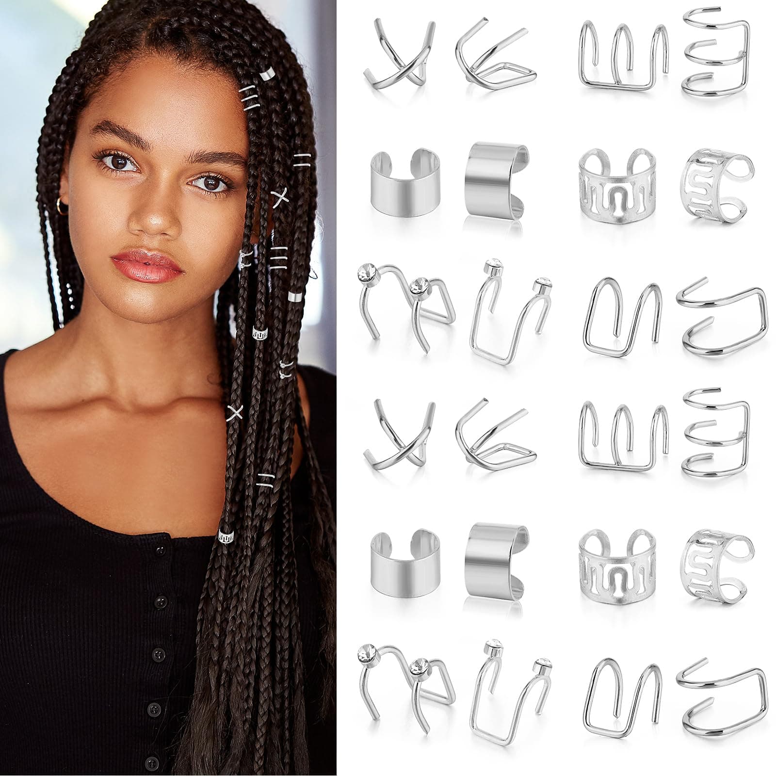 Grevosea 24 Pcs Hair Jewelry for Braids Accessories, Metal Alloy Hair Accessories for Braids Dreadlock Accessories Non-piercing Ear Clip Adjustable Cuffs Hair Charms for Women Men Styling (Silver)