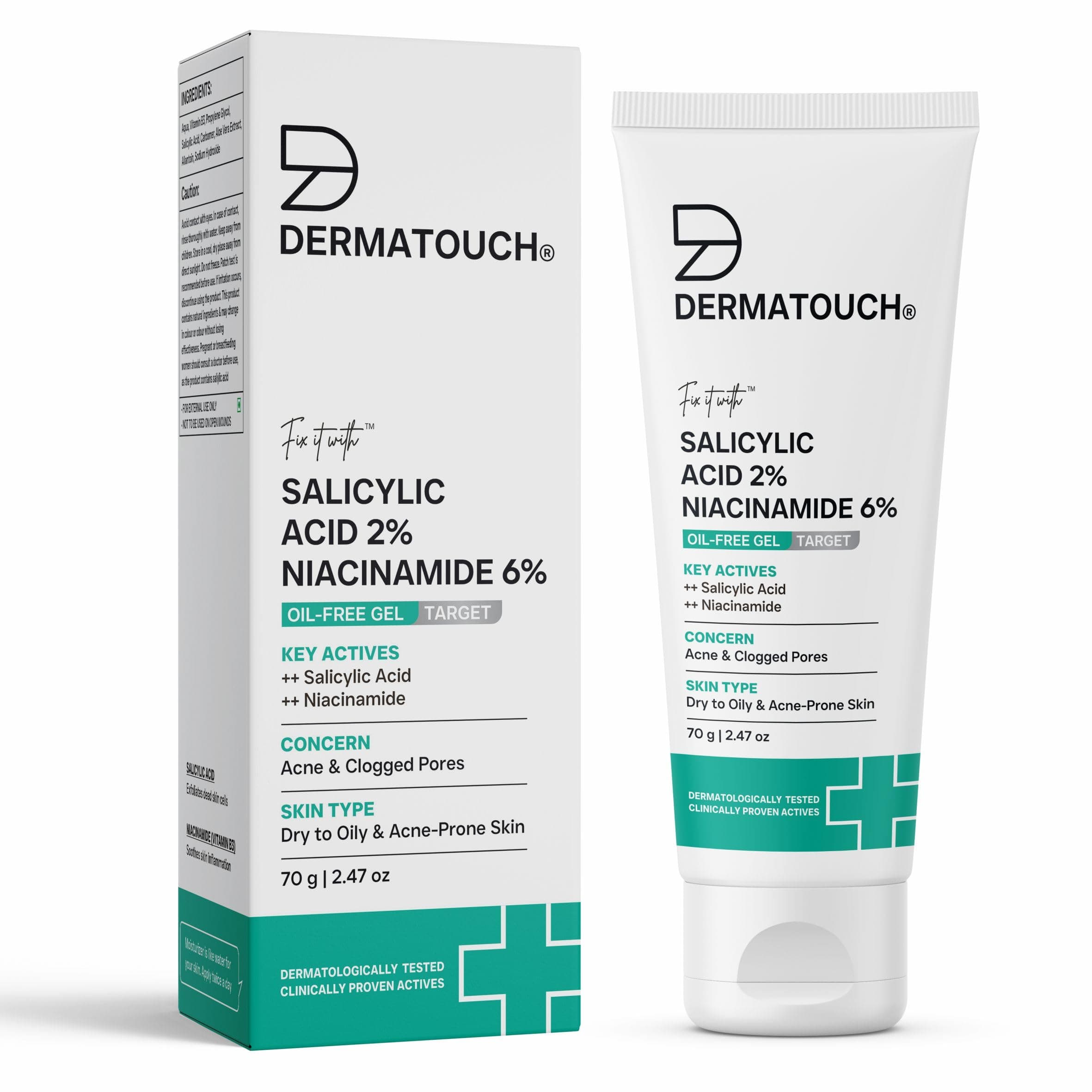 DERMATOUCH Salicylic Acid 2% Niacinamide 6% Anti-Acne Oil-Free Gel For Active Acne, Oil Balancing, Pore Tightening (70 G (Pack Of 1))