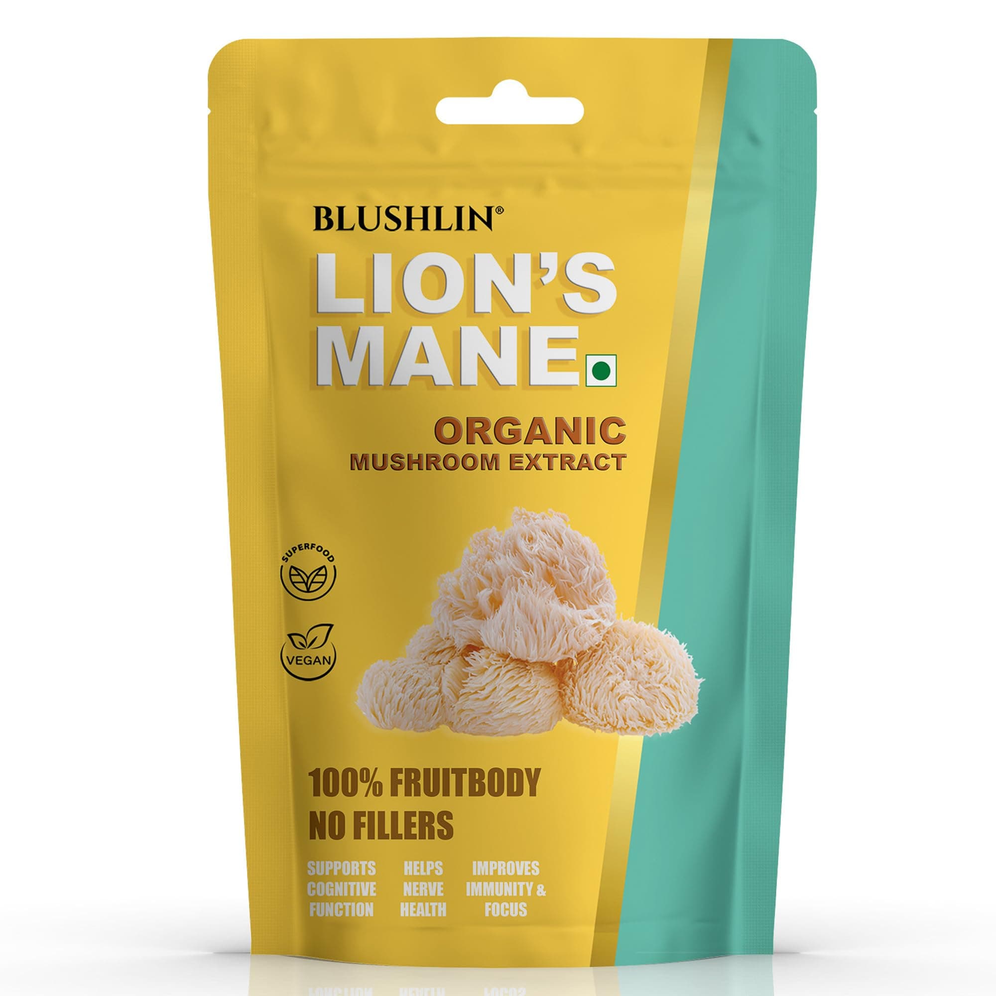 BLUSHLIN Lions Mane Powder mushroom Extract | Focus, Brain Power, Memory & Nerve Health