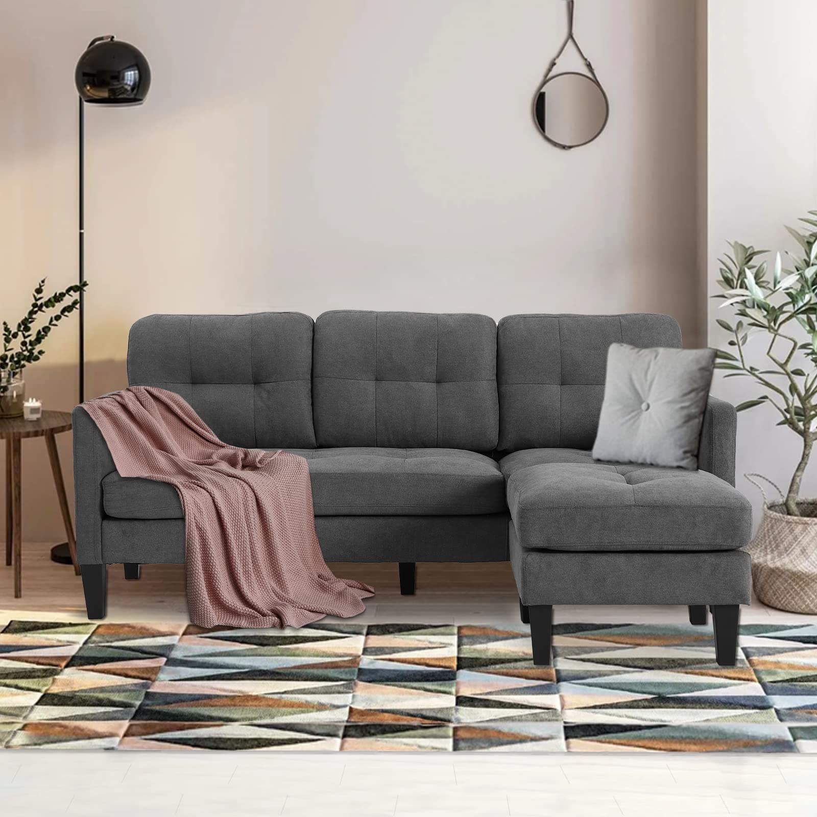 Convertible Sectional Sofa Couch with Chaise, Grey L Shaped Couch Sofa Set with Reversible Ottoman, Modern Small Sectional Couches for Living Room,Apartment,Small Spaces (Grey)