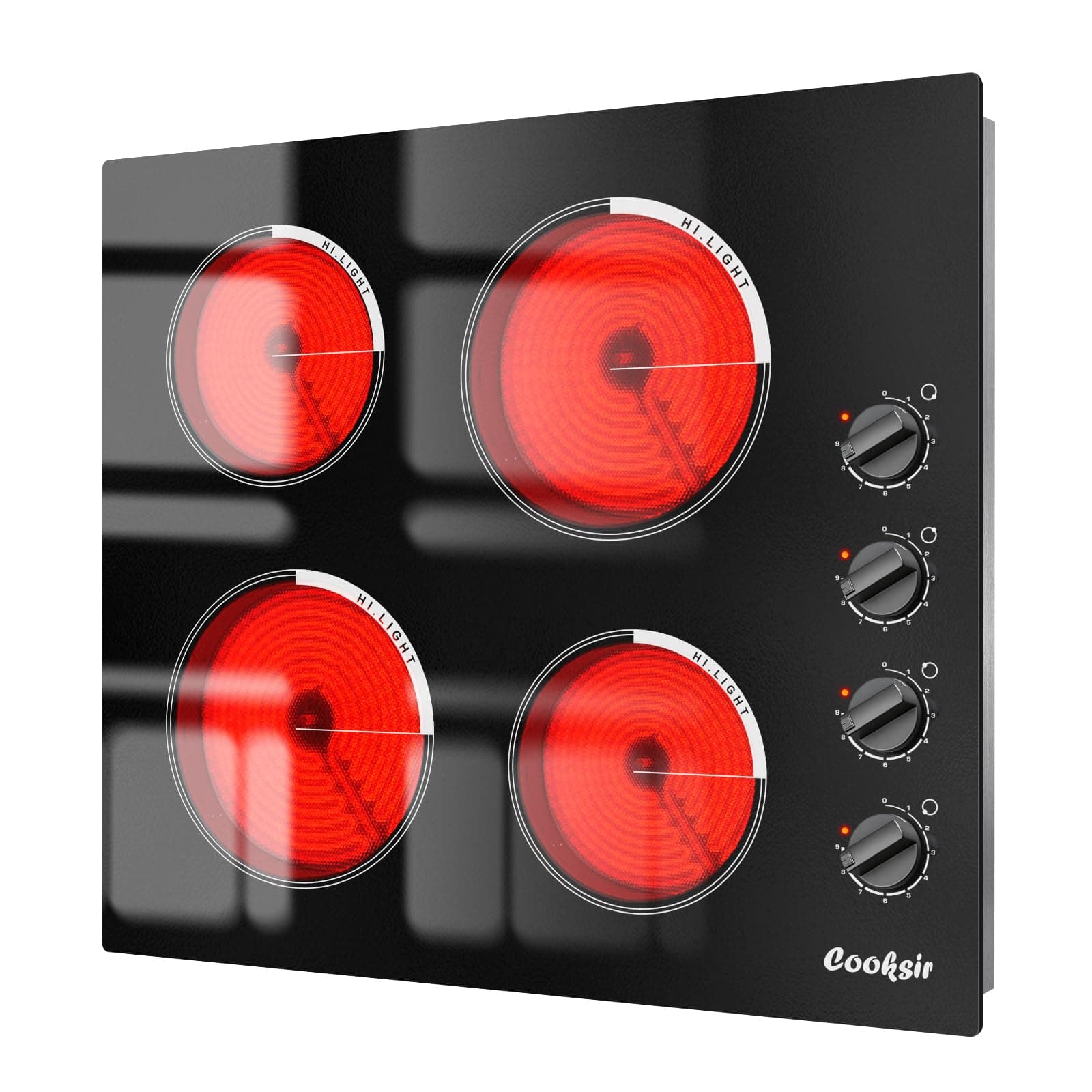 Electric Cooktop 24 Inch - 4 Burner Built-in Electric Stove Top 6000W, Radiant Electrical Stovetop with 9 Heating Level, Knob Control, Auto Shut Off Protection, 220-240V Hard Wired (No Plug)